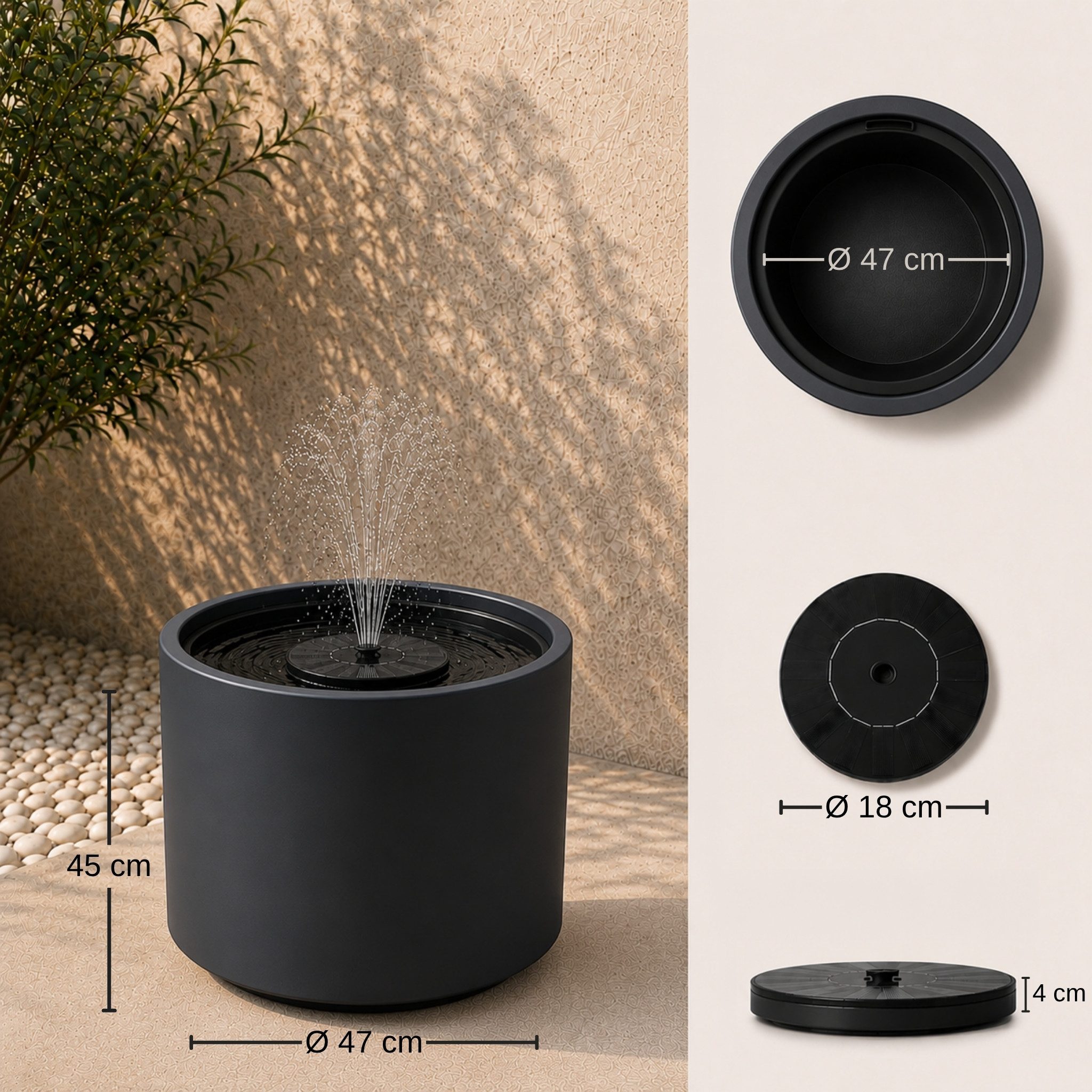 matches21 HOME & HOBBY Wasserspiel Solarbrunnen Outdoor Set mit großer Ø 47x45 cm Schale anthrazit, Solar-Fontäne Garten Balkon Zierbrunnen Wasserspiel