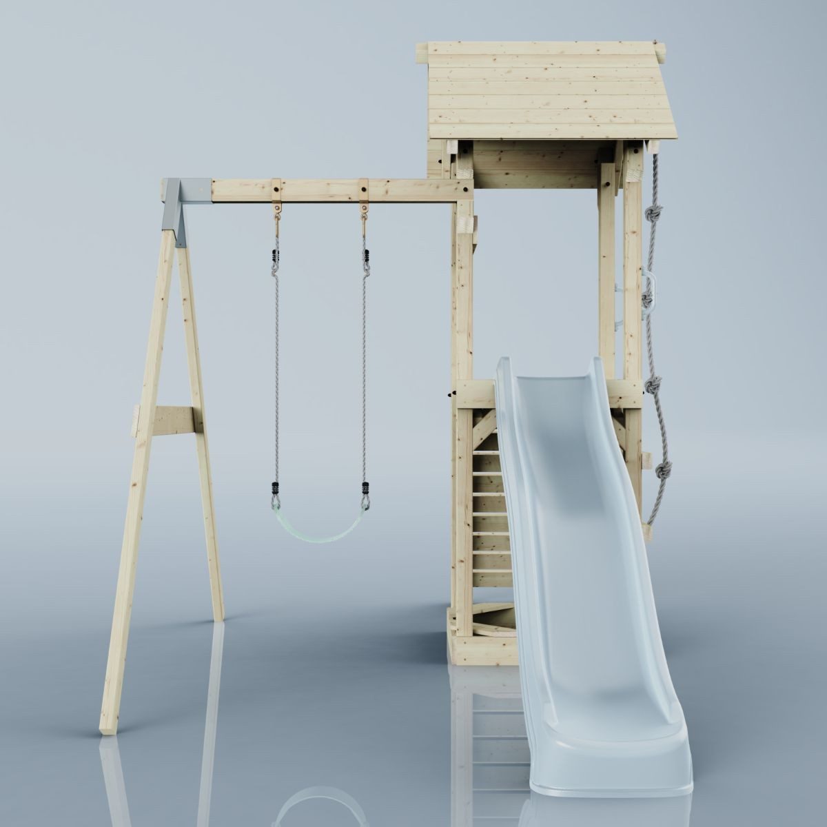 OutdoorToys Spielturm Göteborg, aus Holz in Eisblau mit Kinderschaukel & Rutsche