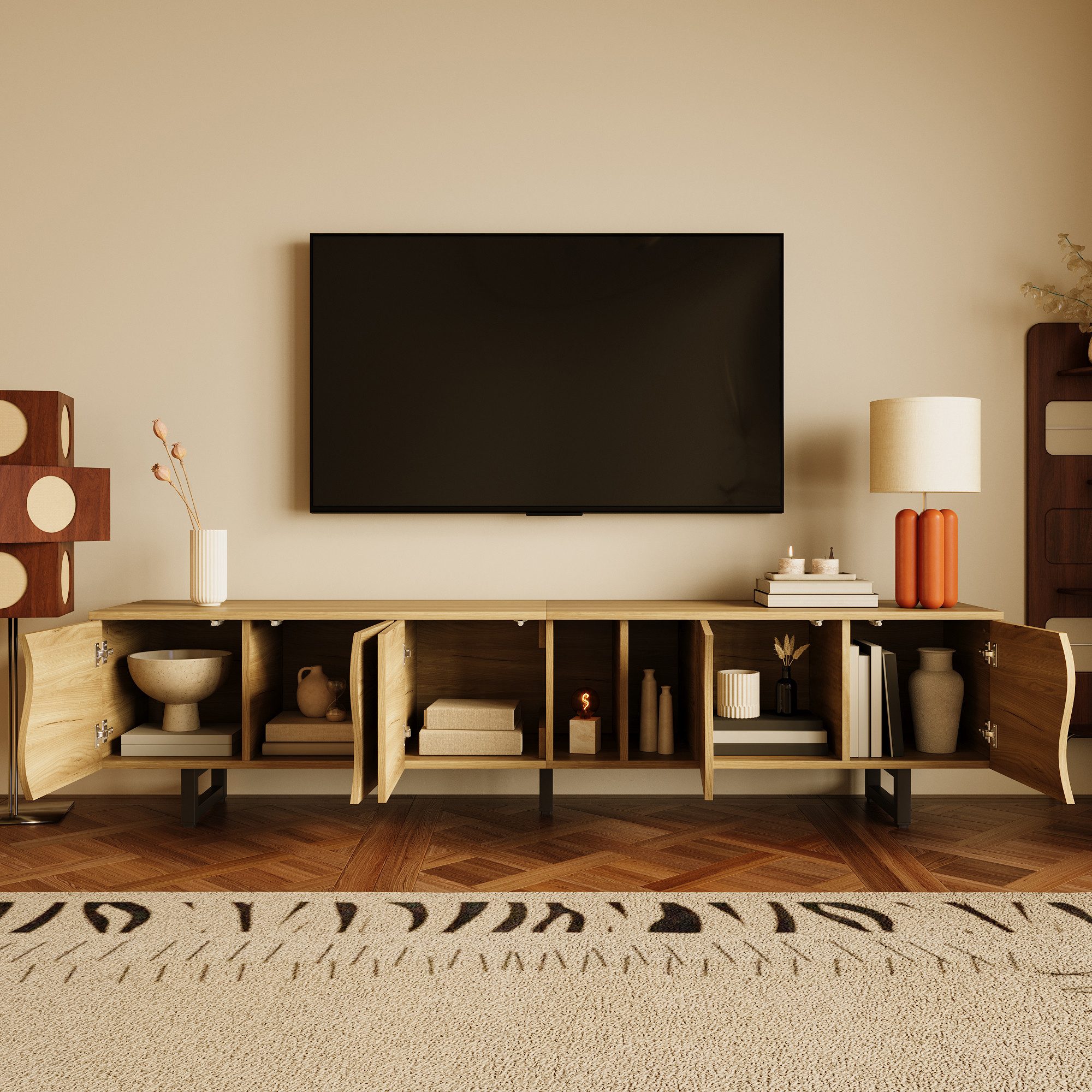 Merax Lowboard mit schlankem Eisenrahmen (1 St., 191 x 38 x 46,5 cm (L x B x H), TV-Ständer TV-Schrank mit geschwungenen Türen & viel Stauraum