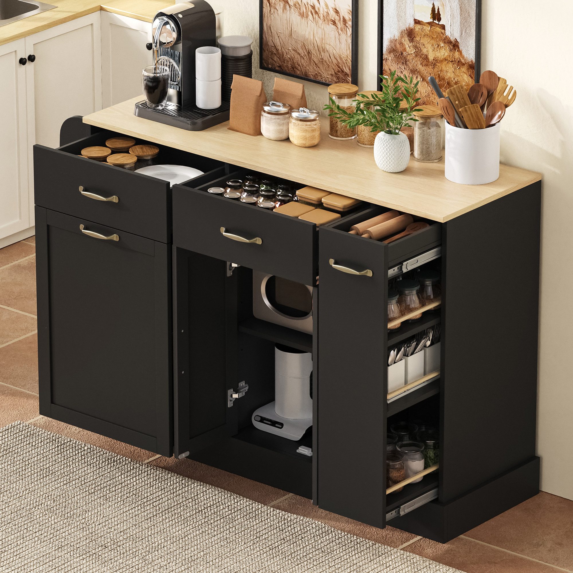 HAUSS SPOLE Sideboard mit Mülleimerfach,Küchenschrank mit Schubladen und Gewürzregal,Schwarz (Buffetschrank 133.5×40×86 mit Abfallbehälterfach), für Esszimmer oder Wohnzimmer