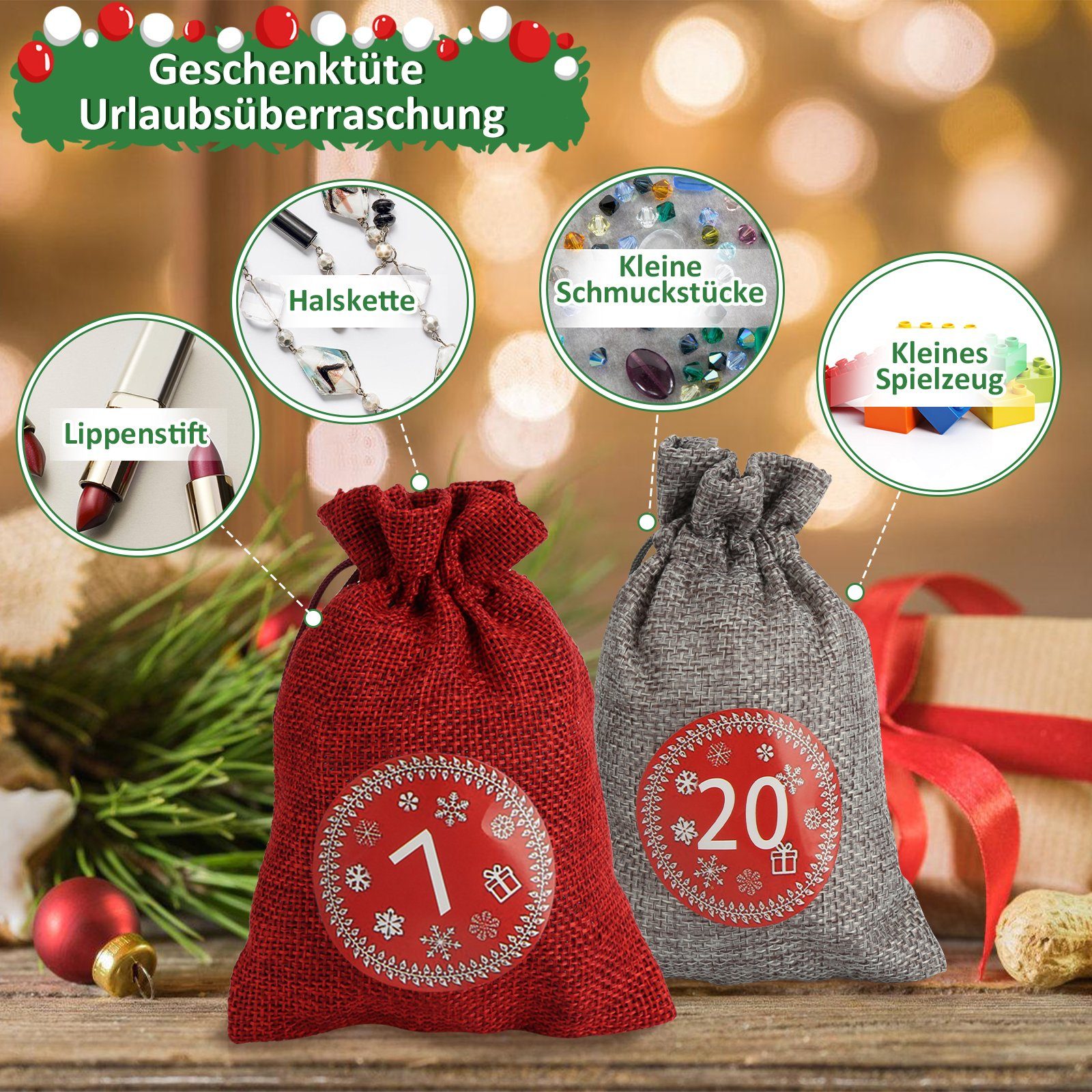 Befüllen zum -DIY Christbaumschmuck Lospitch Weihnachtskalender Jutesäckchen Rot/Grau Dekohänger