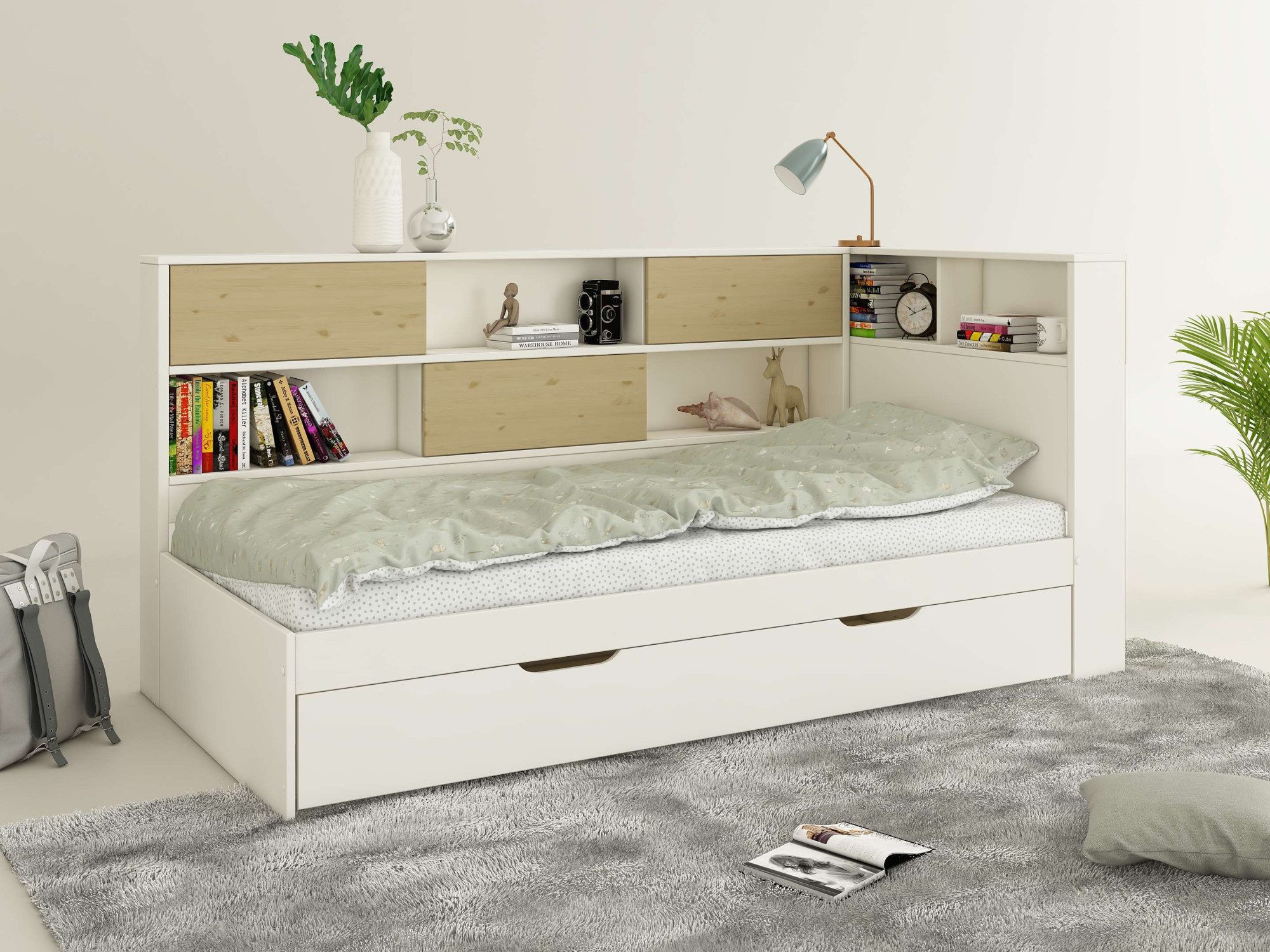 OTTO home Stauraumbett Amance, Kopfteil beidseitig montierbar, stabil und langlebig, Stauraum (Außenmaße B/T/H: 110,2/220,1/106,9 cm), FSC® zertifiziert, inklusive Lattenrost, Made in EU,Massivholz + MDF