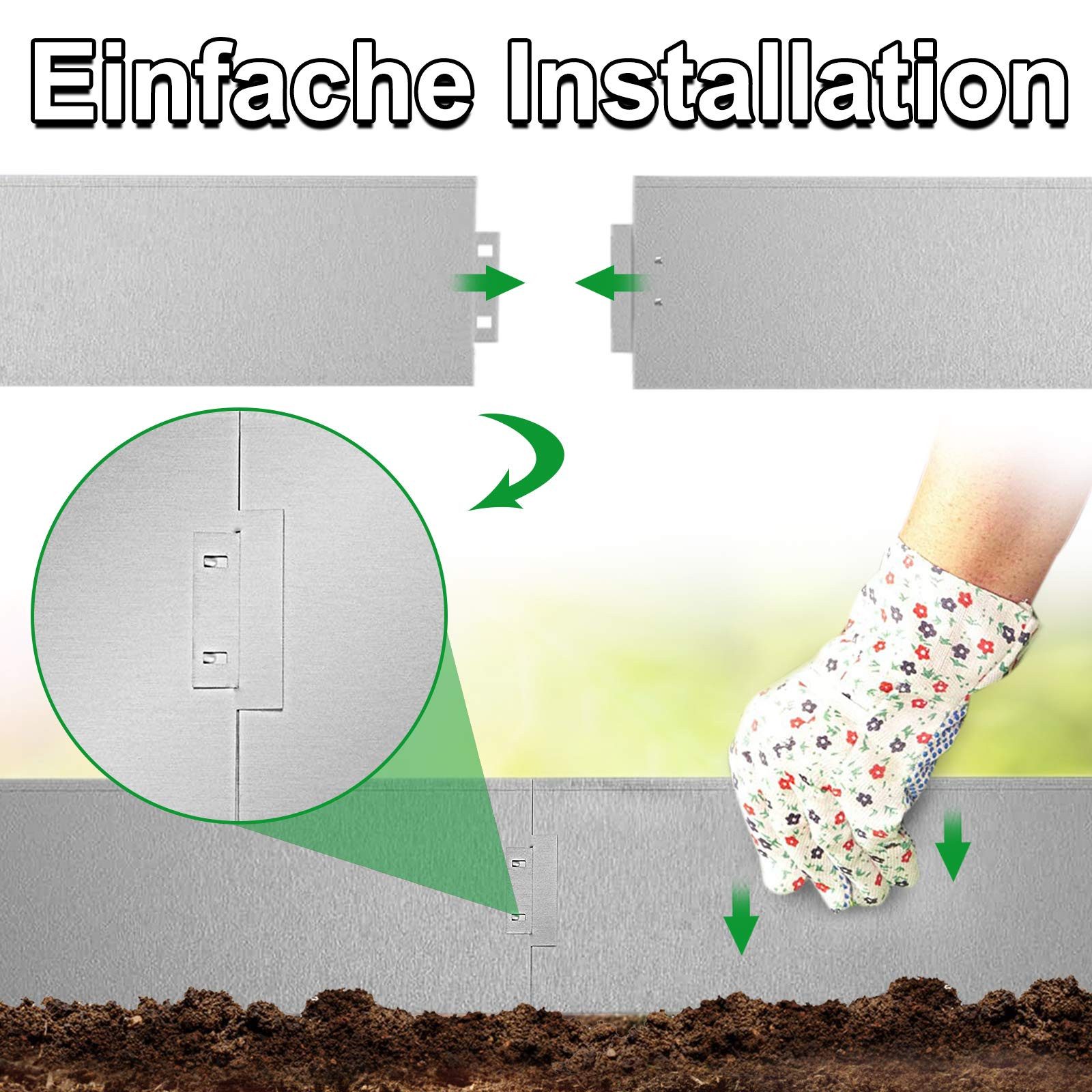 FIVMEN Rasenkante Metall Beetumrandung Verzinkt Beetbegrenzung Rasenbleche, 5Pcs, 100x15cm /100x18cm per Stück, Flexible Mähkante Palisade Schwarz/Silber/Rost – Bild 4 von 5