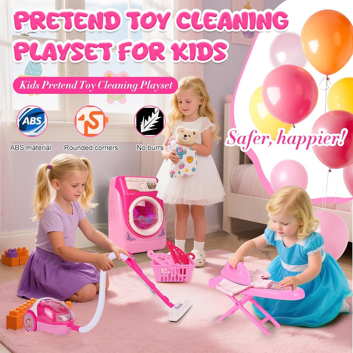 Greyghost Puppenhausmöbel Reinigungsset Spielzeug Waschmaschine Staubsauger mit Licht (Spielzeug Haushaltsgeräte Set für Rollenspiele, Puppenhaus und kreative Spiele, Kinder Putzspielzeug mit Waschmaschine, Staubsauger, Bügeleisen), Realistisches Rollenspiel, Licht & Sound, motorische Fähigkeiten