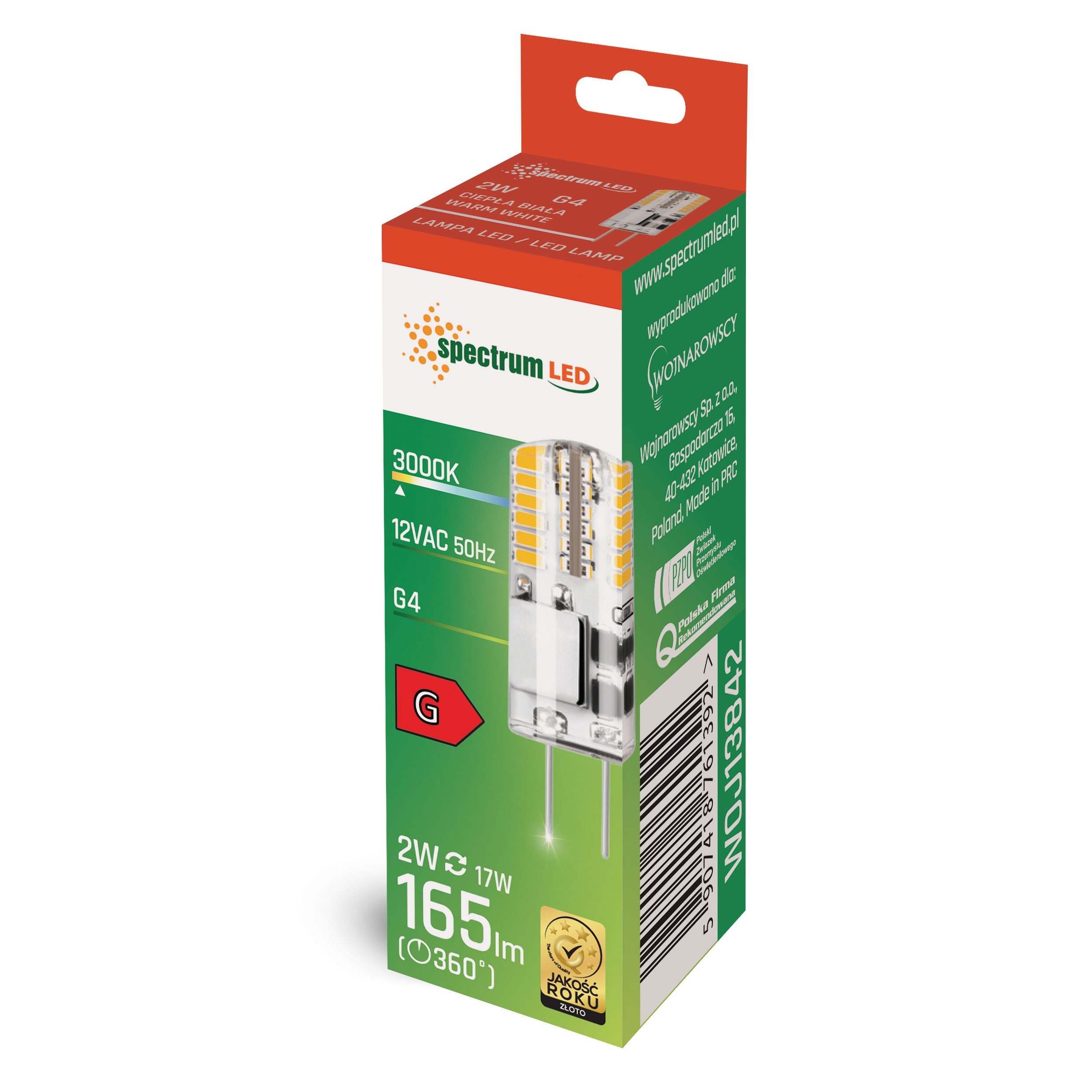 Spectrum LED-Leuchtmittel LED G4 2W = 17W Stiftsockellampe 165lm 12V 270° Warmweiß 3000K, G4, Warmweiß