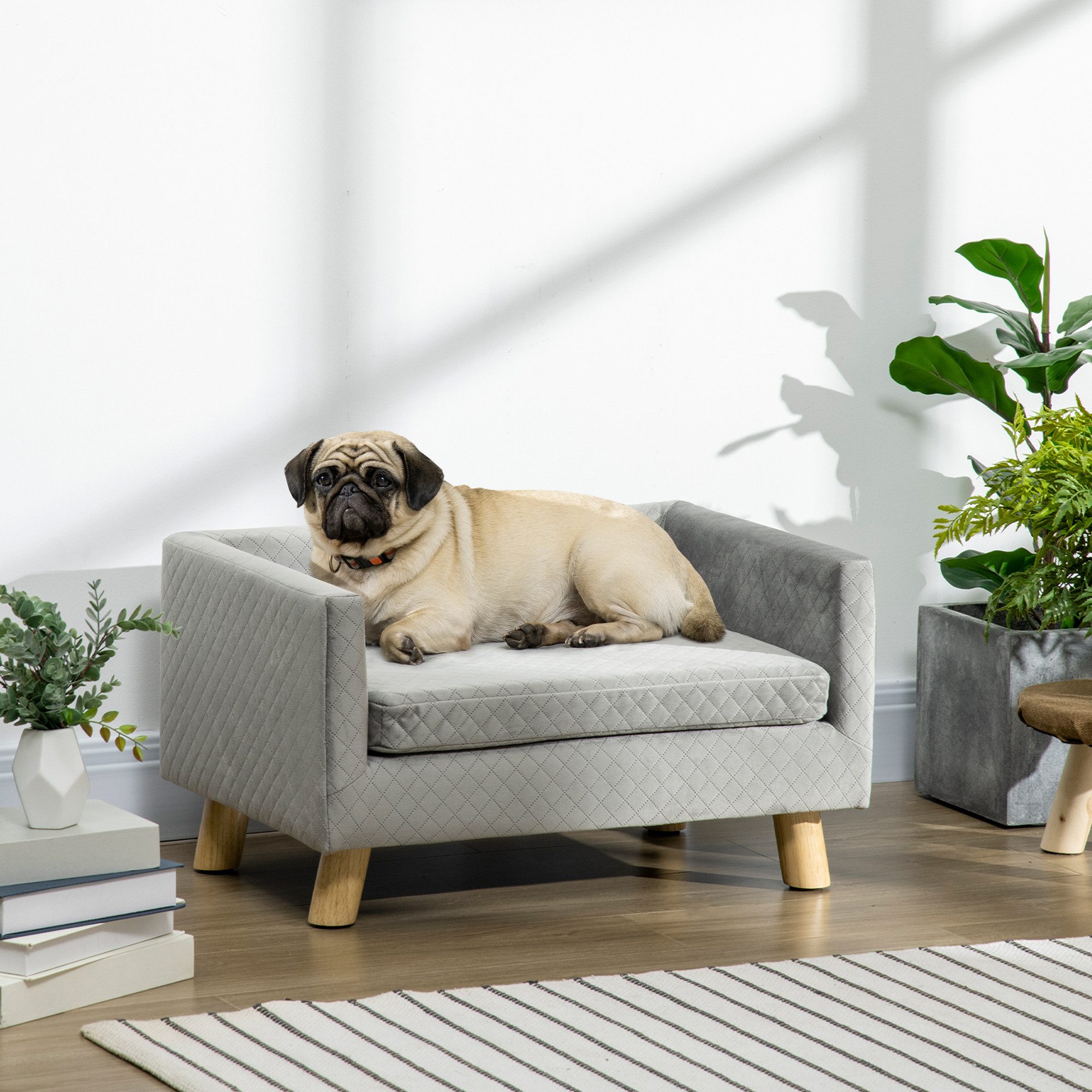 furnicato Hundebett Hundesofa mit Holzbeinen 64x45x36 cm Grau für kleine Hunde, Weiches Haustierbett mit Kissen und rutschfesten Pads aus Massivholz