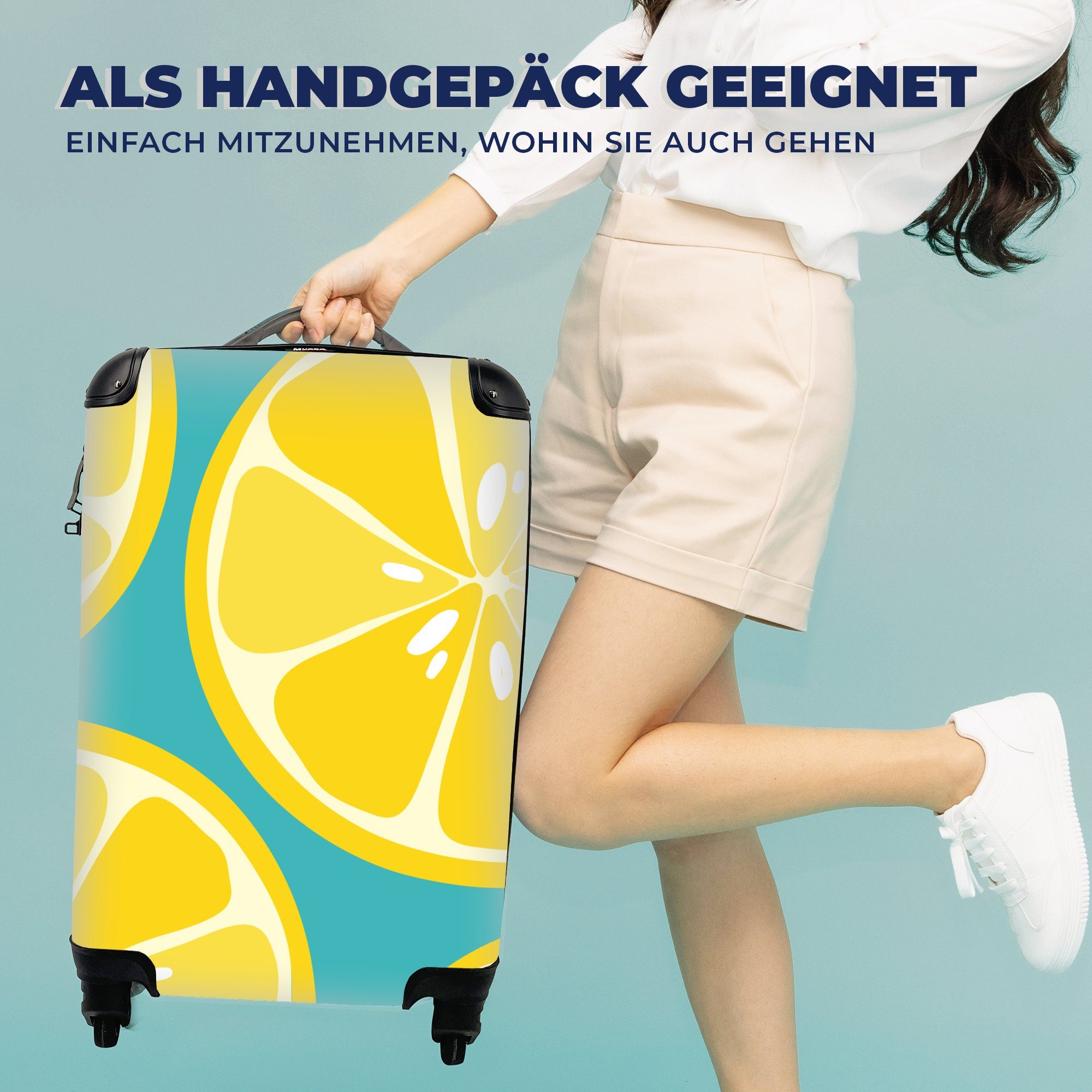 MuchoWow Handgepäckkoffer Illustration von Hintergrund, Ferien, Reisekoffer Zitronen Handgepäck auf einem mit 4 für rollen, Trolley, Reisetasche Rollen, blauen