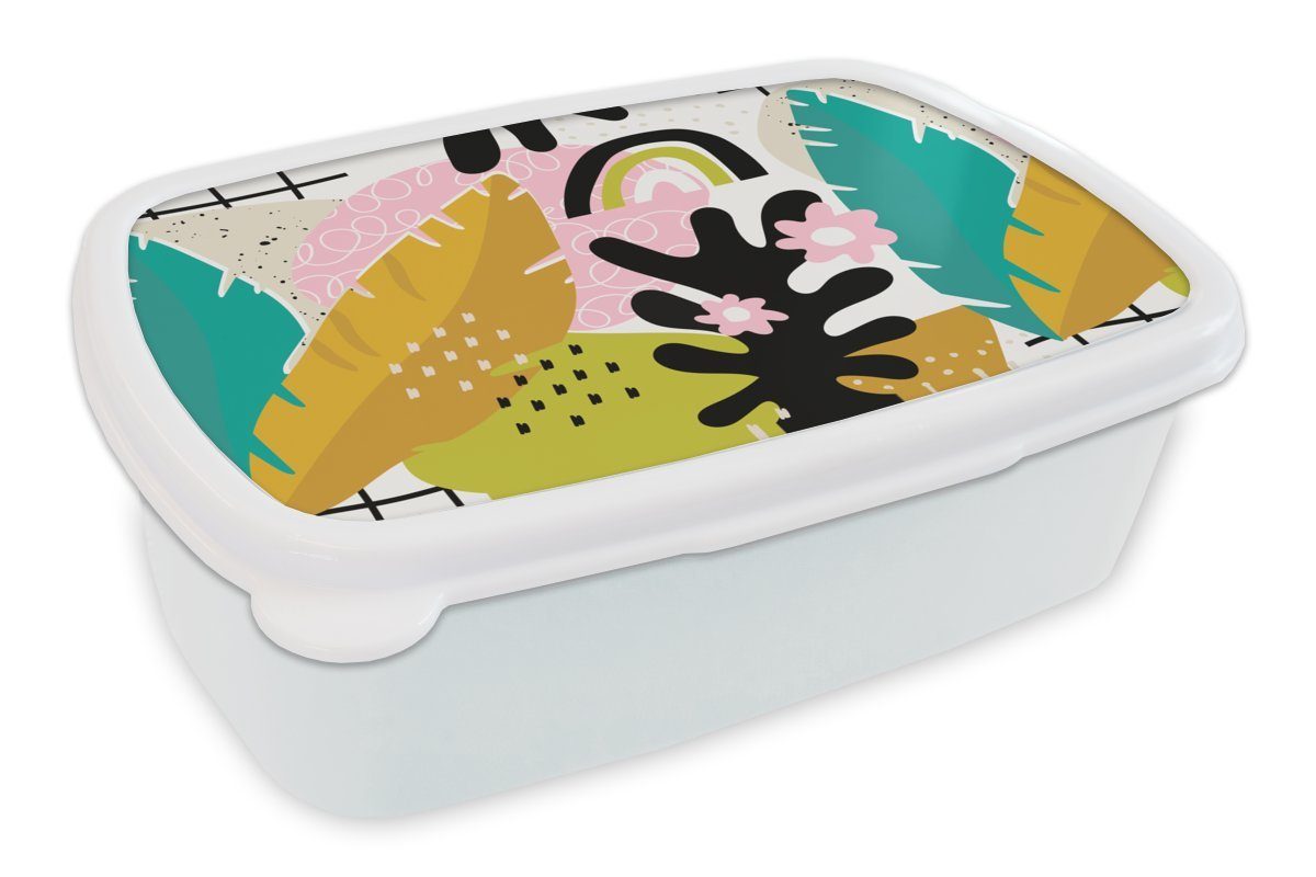 MuchoWow Lunchbox Dschungel - Pflanzen - Muster, Kunststoff, (2-tlg), Brotbox für Kinder und Erwachsene, Brotdose, für Jungs und Mädchen weiß