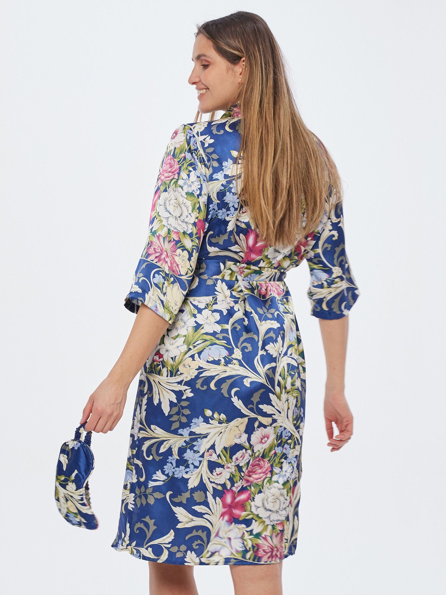 Morgenmantel blue MONACO % Kimono mit Polyester, 100 Blumendruck luftdurchlässig,
