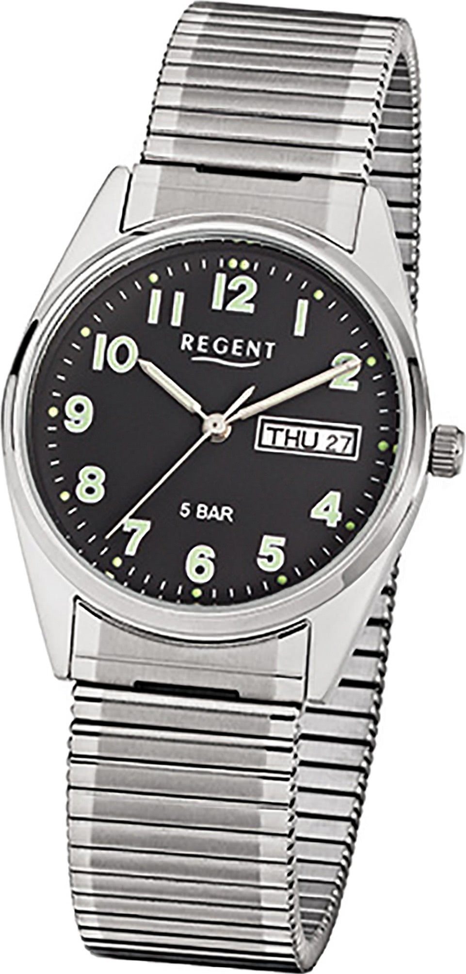Regent Quarzuhr Regent Stahl Herren Uhr F-291 Quarzuhr, Herrenuhr Edelstahlarmband silber, rundes Gehäuse, mittel (ca. 33mm)