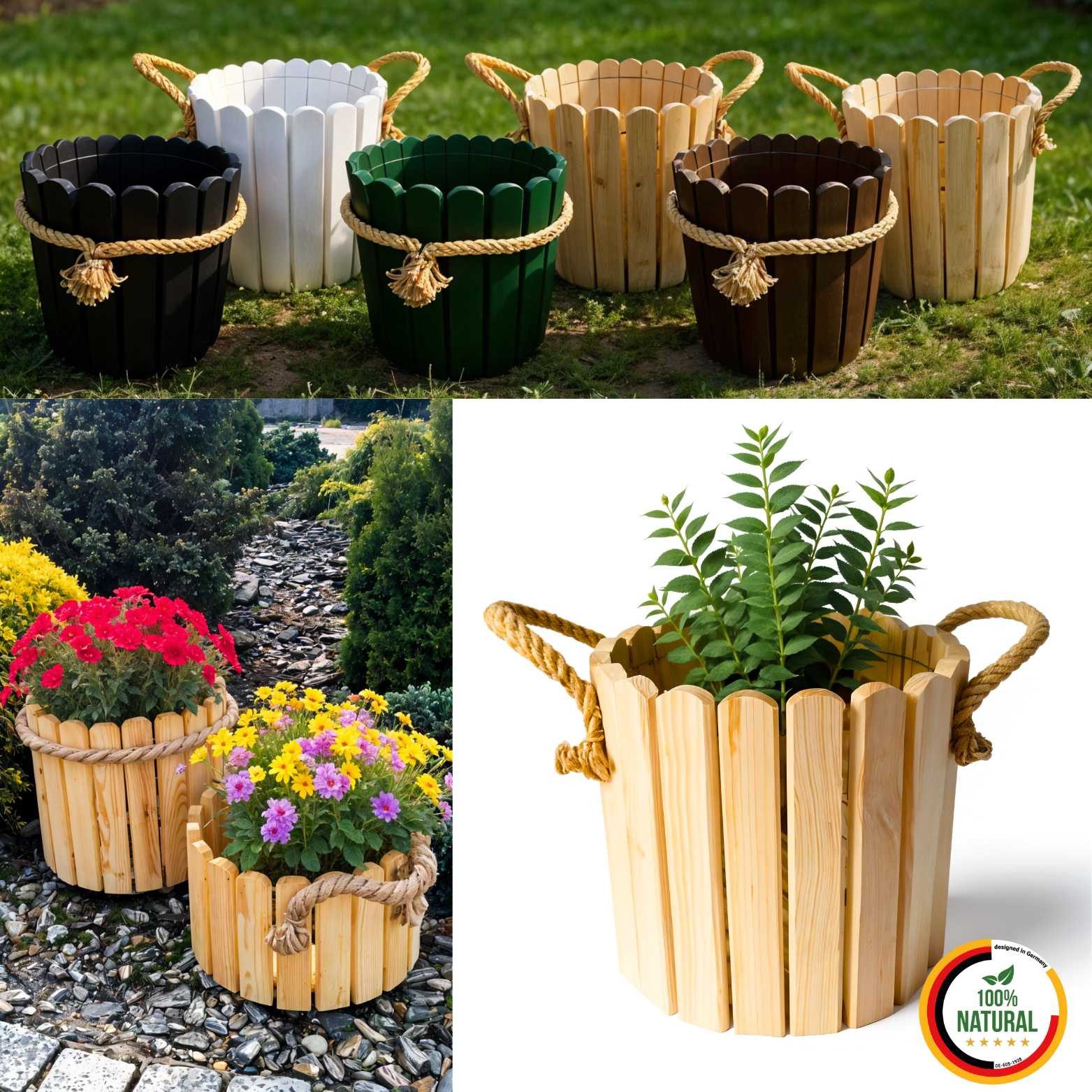 Floranica Übertopf Runder Blumentopf aus Holz Pflanzentopf Pflanzkübel (mit Juteschnur als Griffimitat, 1 St., Natur), Dekoration für Haus und Garten, für Innen- und Außenbereich