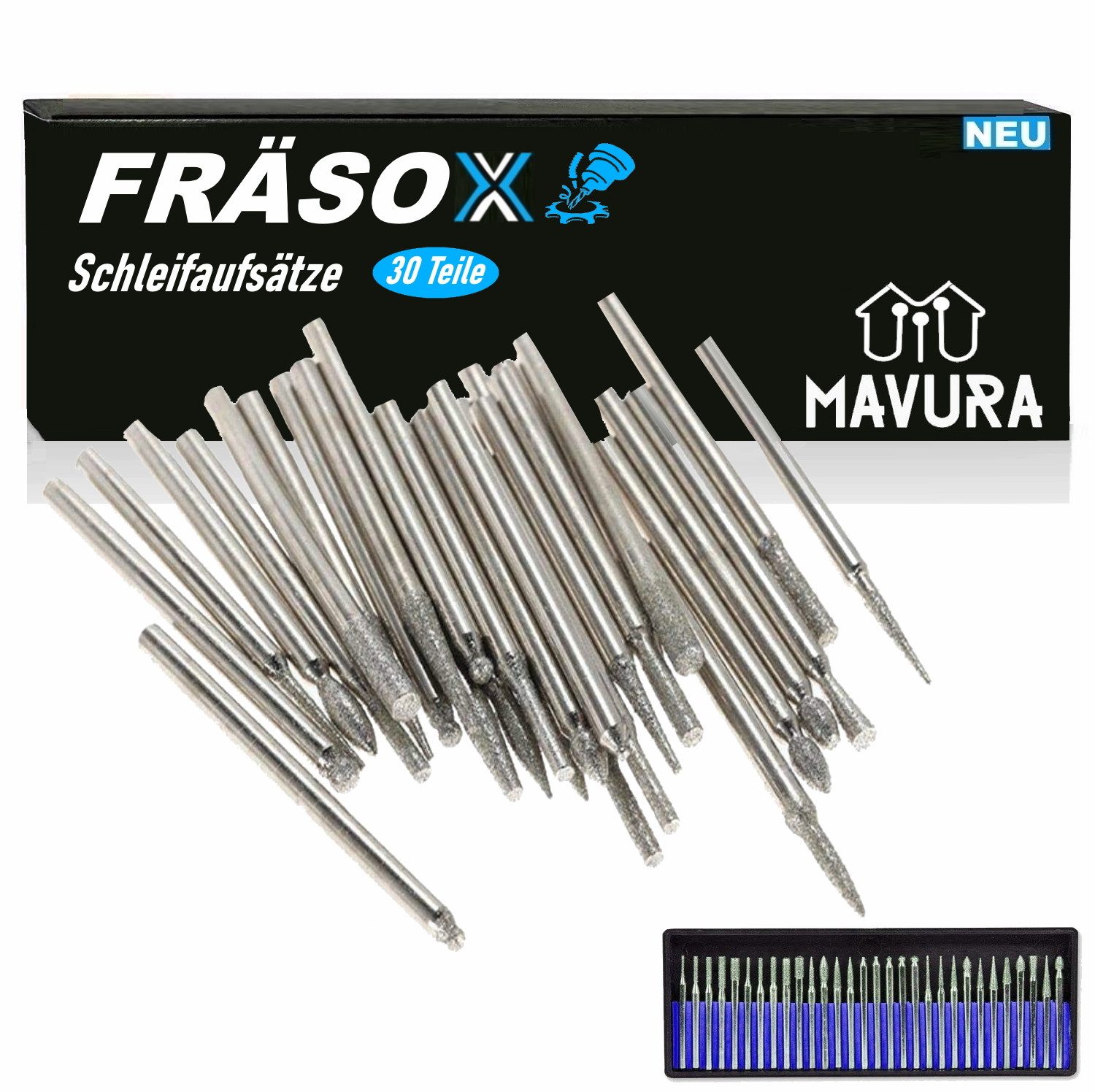 MAVURA Fräser-Set FRÄSOX Diamantfräser Set Schleifaufsätze Diamantschleifer Bohrer, 30-tlg., Set Schleifstift schleifen gravieren fräsen Holz Metall für Dremel