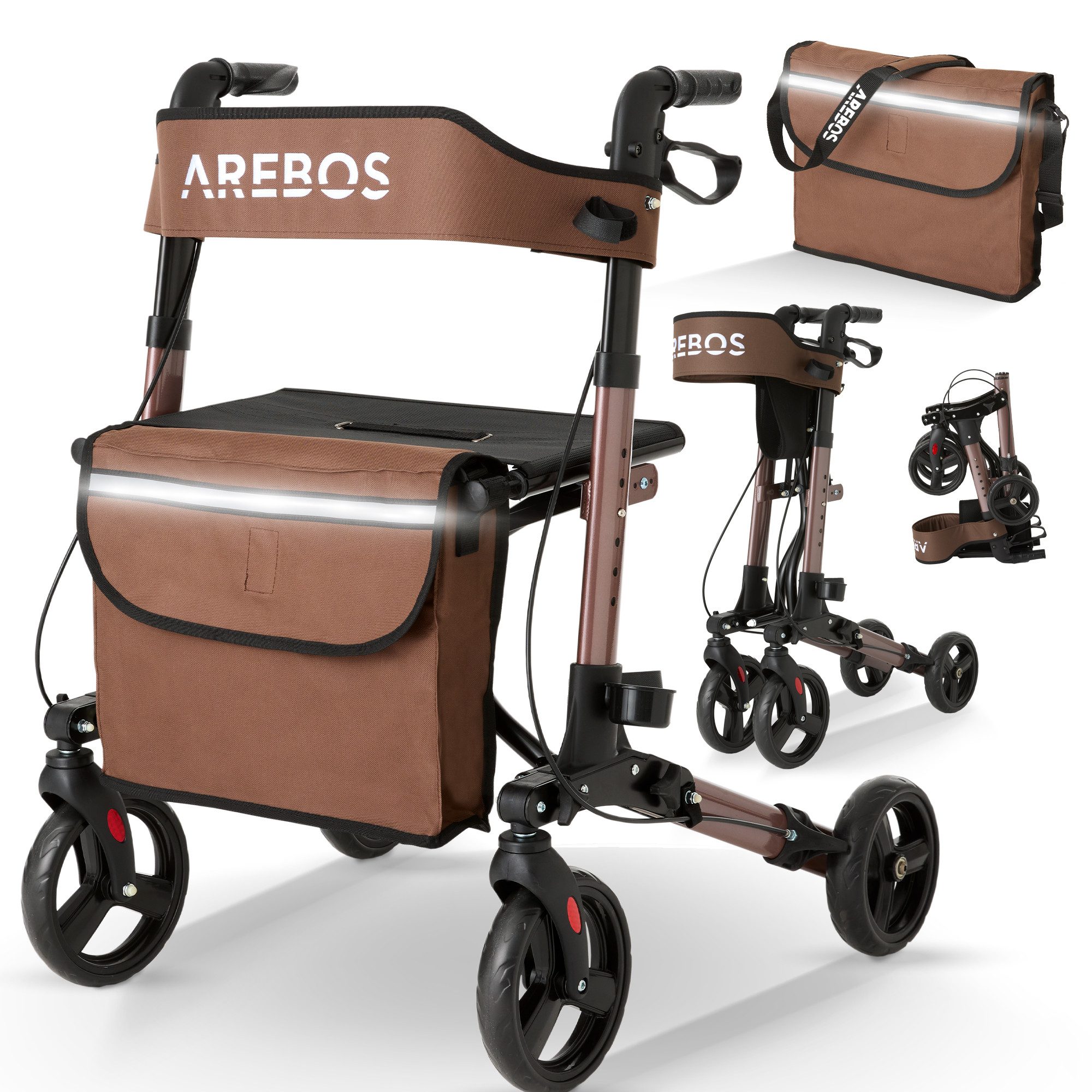 Arebos Rollator Aluminium faltbar 6-fach höhenverstellbar mit Tasche belastbar 136 kg, Ergonomische Griffe – komfortabel für lange Nutzung ohne Ermüdung