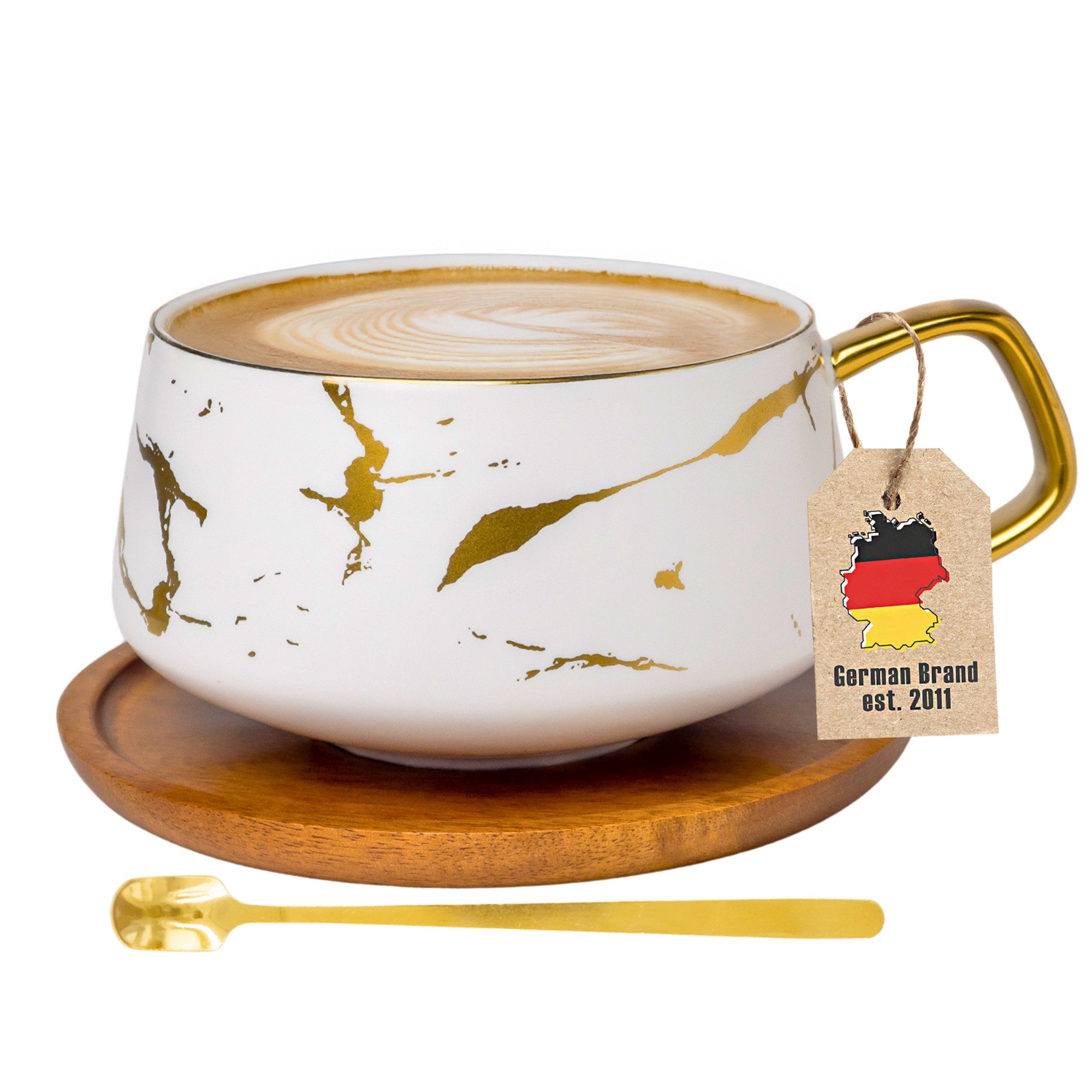 Intirilife Tasse, 1-tlg., Keramik, 1x Kaffeetasse, Teetasse mit Holz Untersetzer Becher