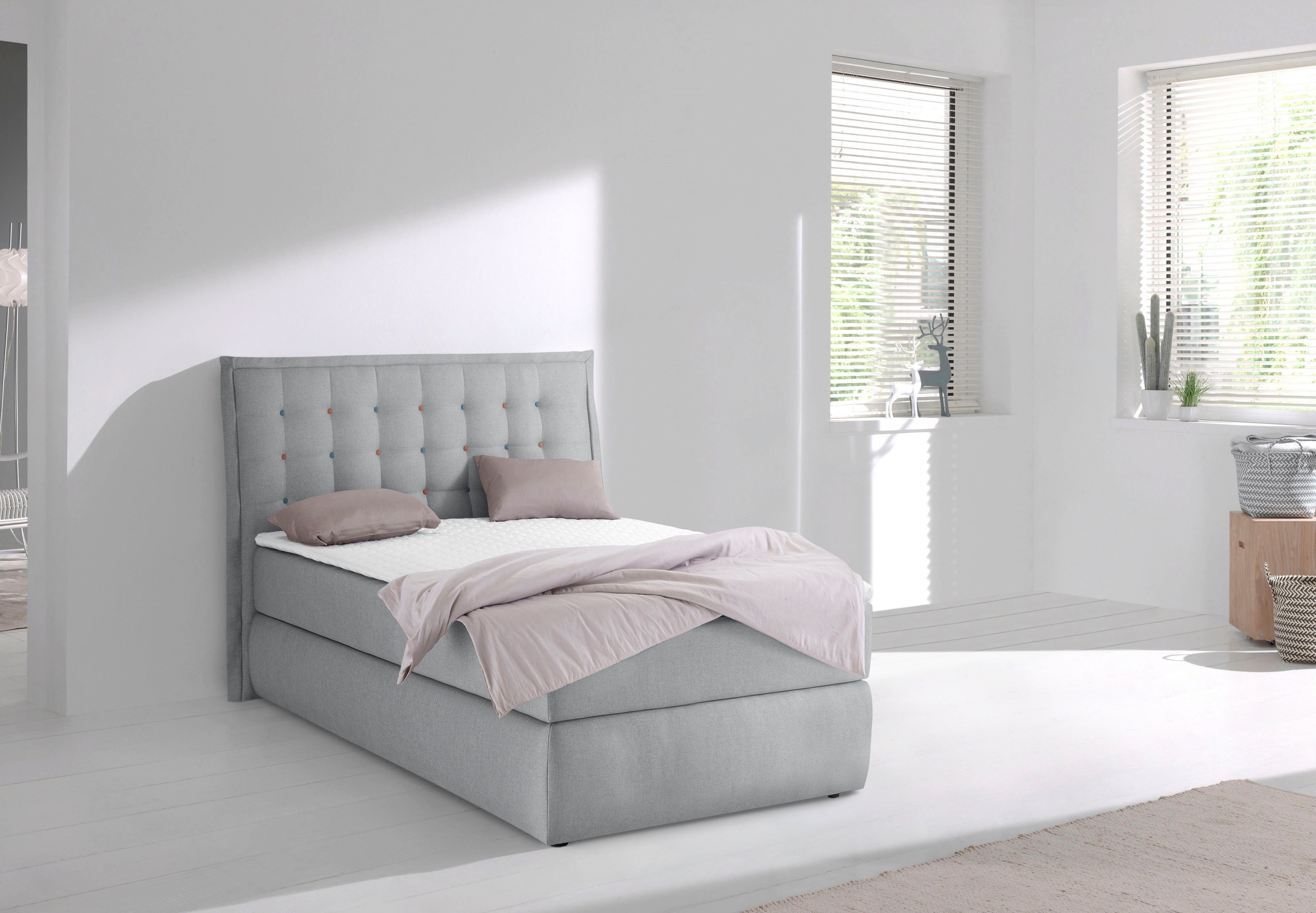 Home affaire Boxspringbett Sagres, Kopfteil mit 2farbiger Flatterbiese und zweifarbigen Knöpfen