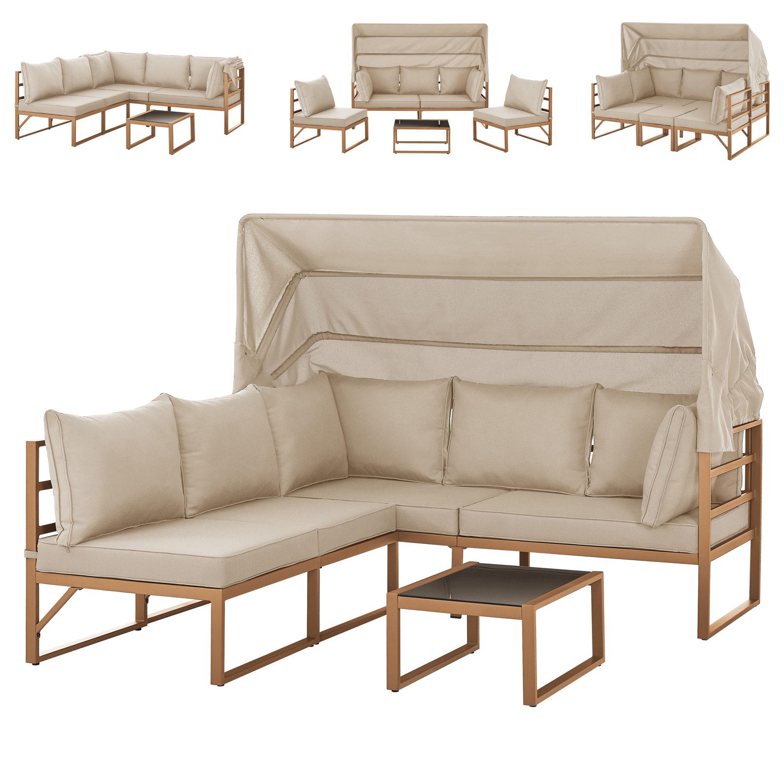 SVITA Gartenlounge-Set MAUI, (4-tlg), Outdoor-Möbelset mit Dach, Stahlgestell, Beige