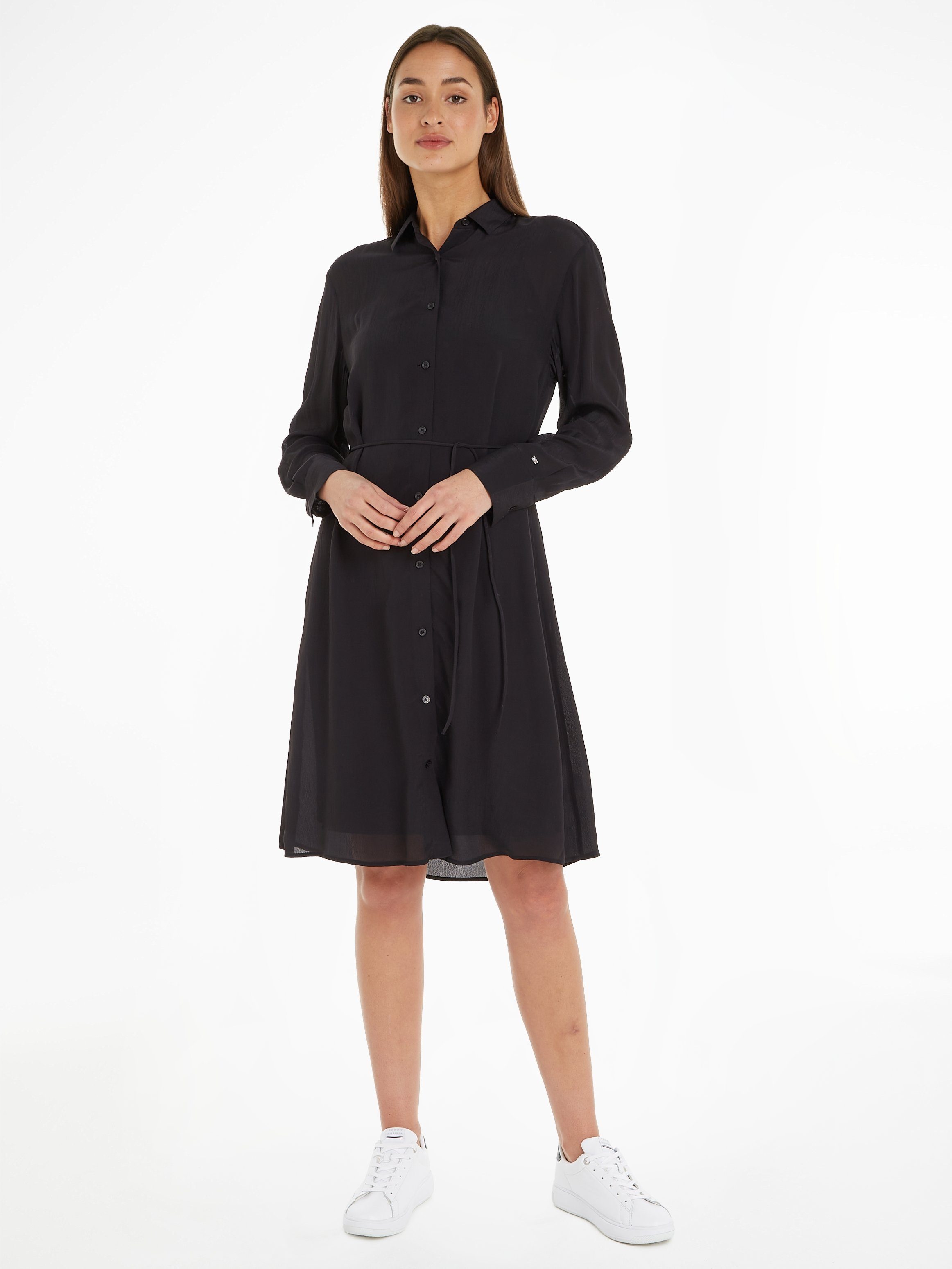 Tommy Hilfiger Blusenkleid KNEE DRESS Black CREPE Logopatch mit FLUID VISCOSE