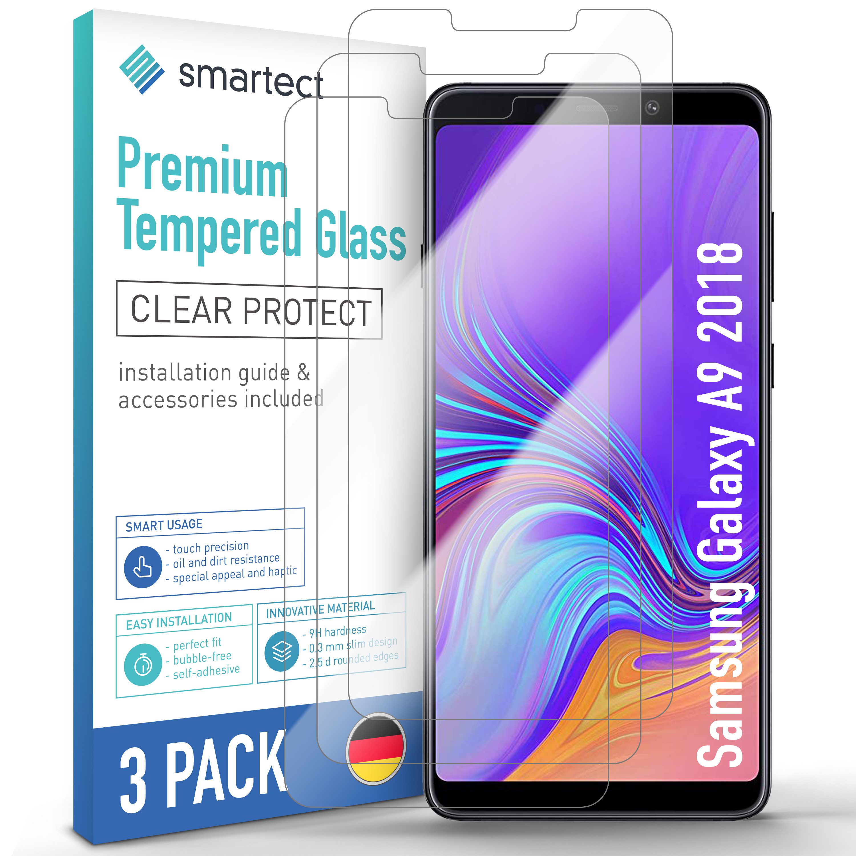 smartect Displayschutzglas 3X Schutzglas Panzerfolie Klar für Samsung Galaxy A9 2018 für Samsung Galaxy A9 2018, Set, 3 Stück, 0.3 mm Ultra-klar, 9H Härte, Kratzfest, Stoßfest, Blasenfrei, Oleophob