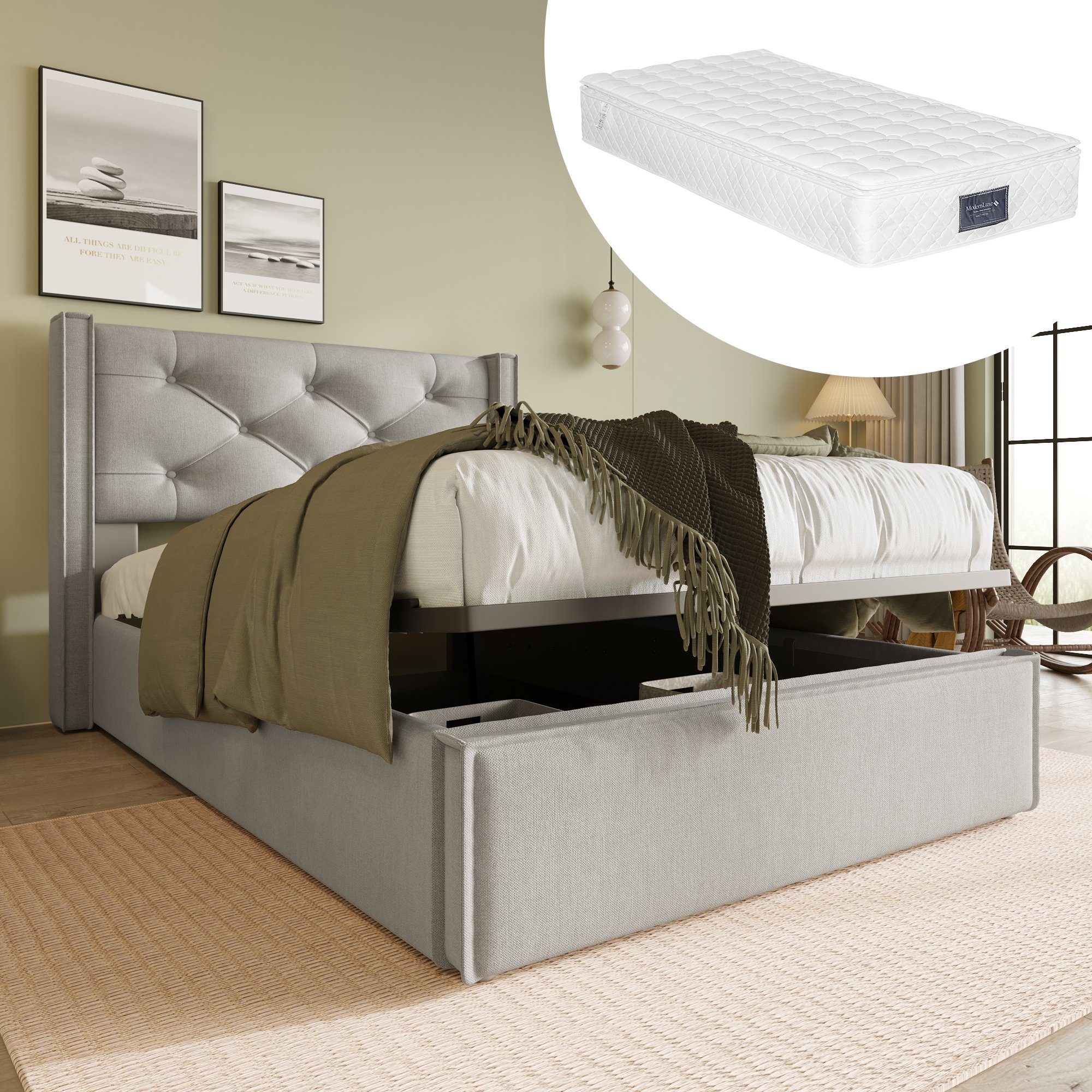 Boxspringbett (Polsterbett Einzelbett 90x200 cm mit edler Knopfheftung und Matratze), Hydraulisches Funktionsbett mit Bettkasten und Lattenrost, Baumwolle