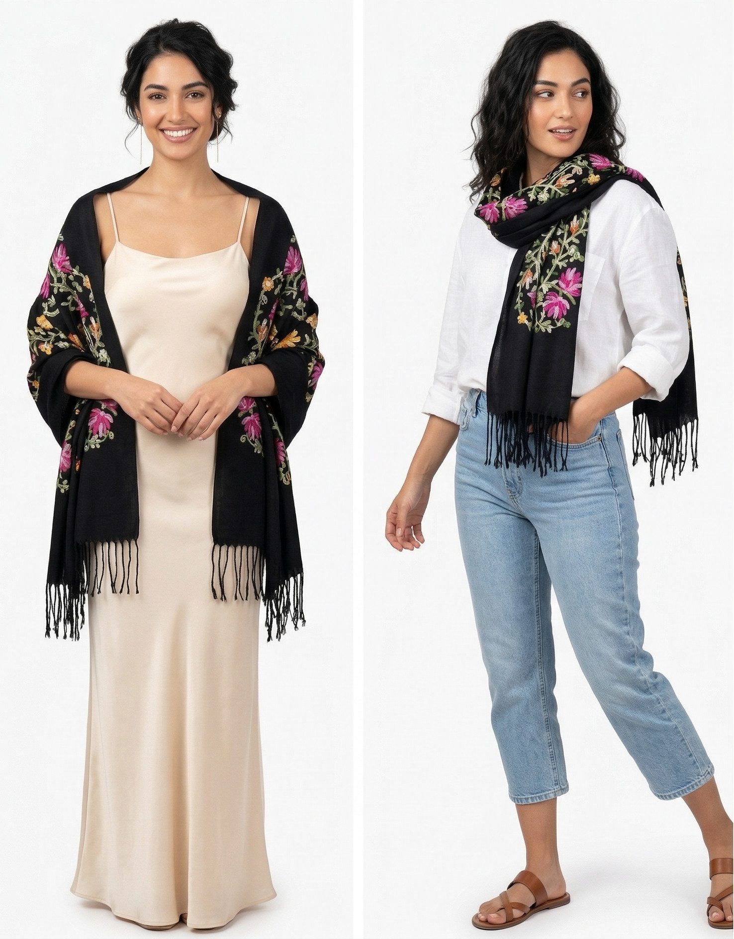 dy_mode Modeschal Damen Schal mit Stickerei Stola Frühlingsschal Weiches Halstuch, mit Blumen-Stickerei, mit Fransen