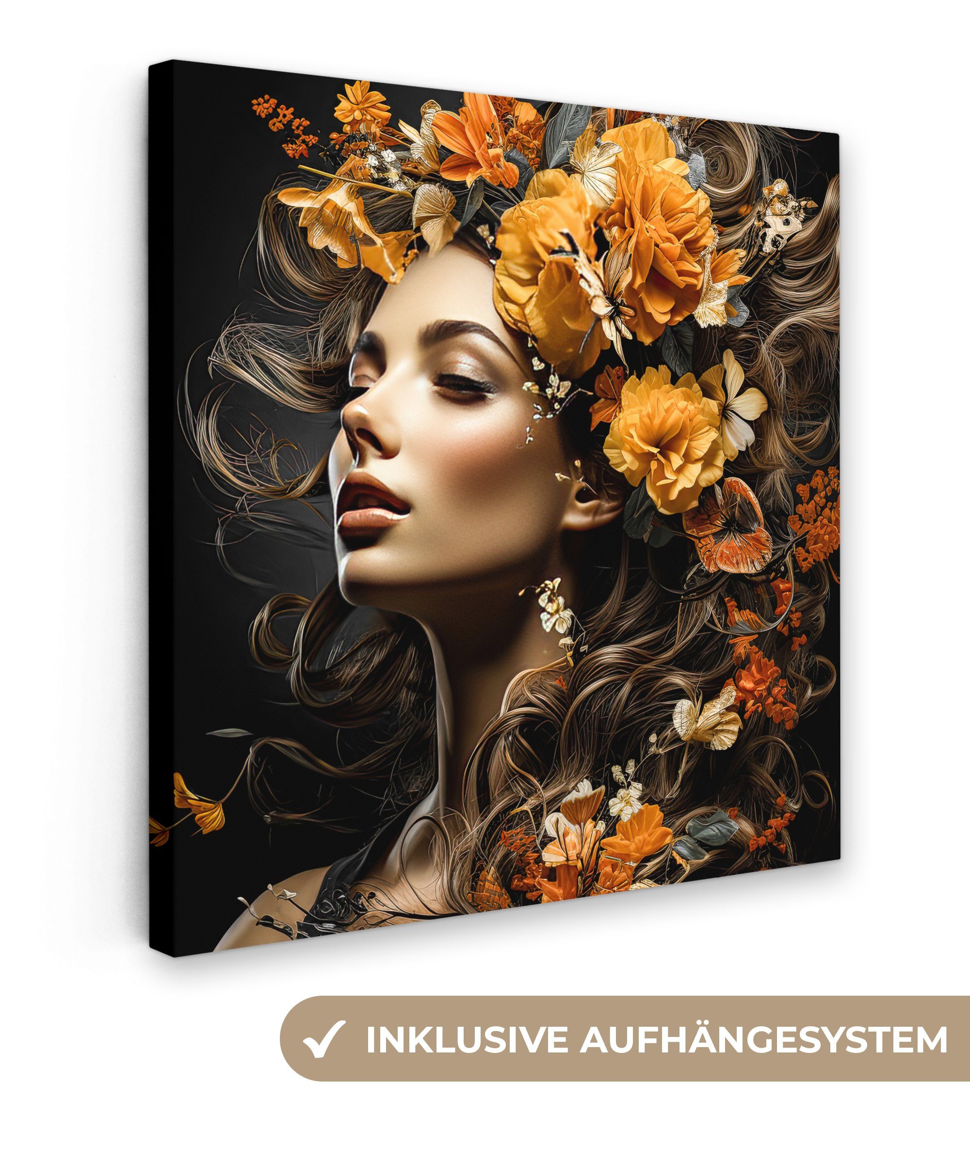 Leinwandbild Frau - Porträt - Blumen - Farbenfroh