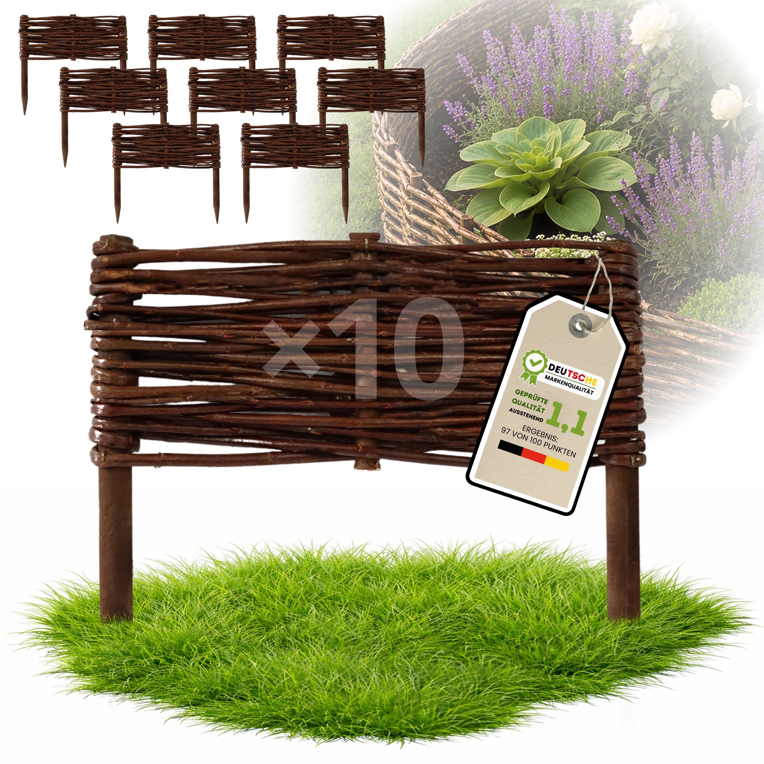 Floranica Weidenzaun Beeteinfassung Beetbegrenzung aus Weide Steckzaun, (10-St., (L:H) 30 x 10 cm), Rasenkante aus Weidengeflecht Beetzaun Weidenzaun Beetumrandung