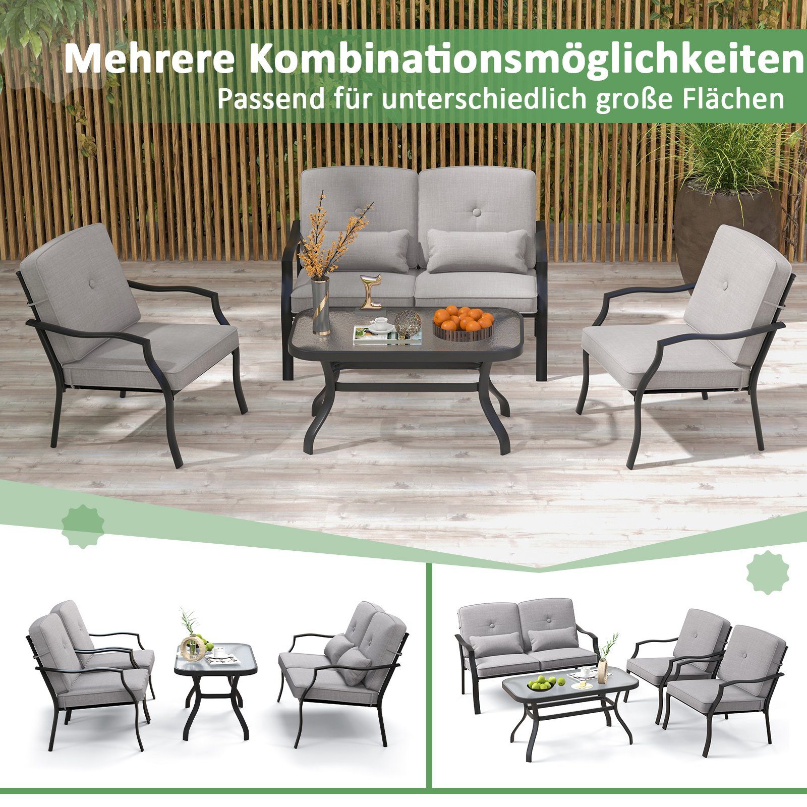 COSTWAY Gartenlounge-Set Balkonset, (4-tlg), mit Sitz- &Taillenkissen, wetterfest Metall für Garten, Balkon