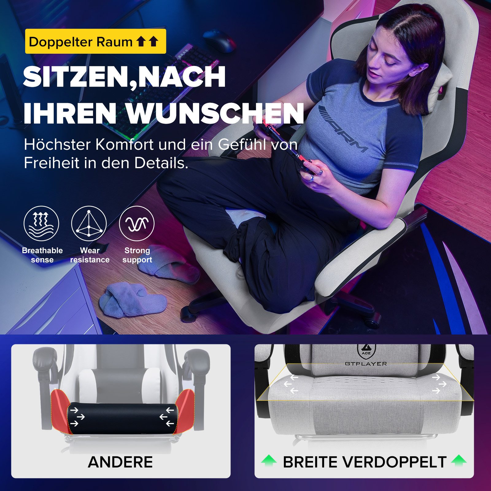 GTPLAYER Gaming-Stuhl Ergonomischer Gaming Sessel Schreibtischstuhl mit Stoffoberfläche (Pacekung), Federsitzkissen