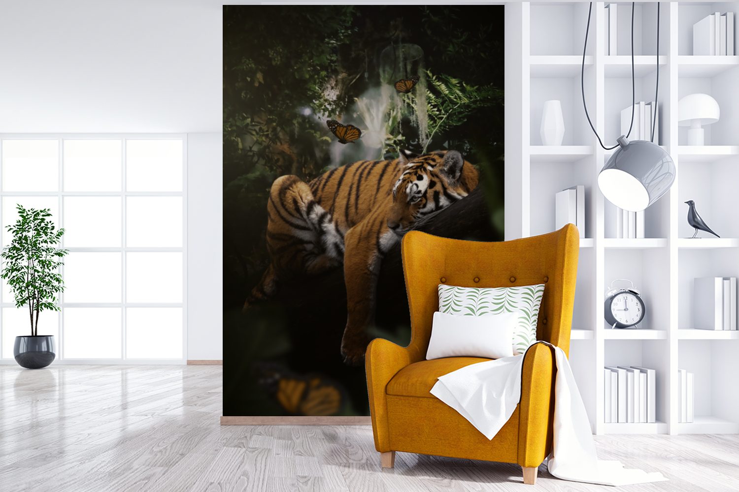 Wandtapete Wohnzimmer, (3 Fototapete Montagefertig für Tapete Dschungel St), MuchoWow - bedruckt, Matt, Tiger - Schmetterling, Vinyl