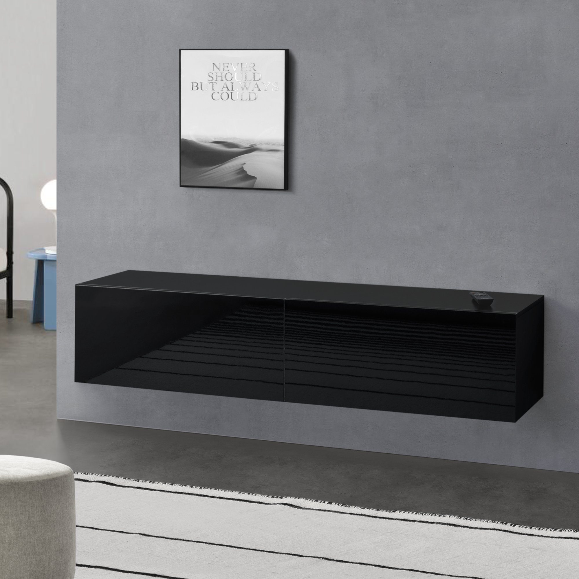 en.casa Hängeschrank »Evaton« mit 2 Klappen 140 x 33 x 30 cm Schwarz, hochglanz