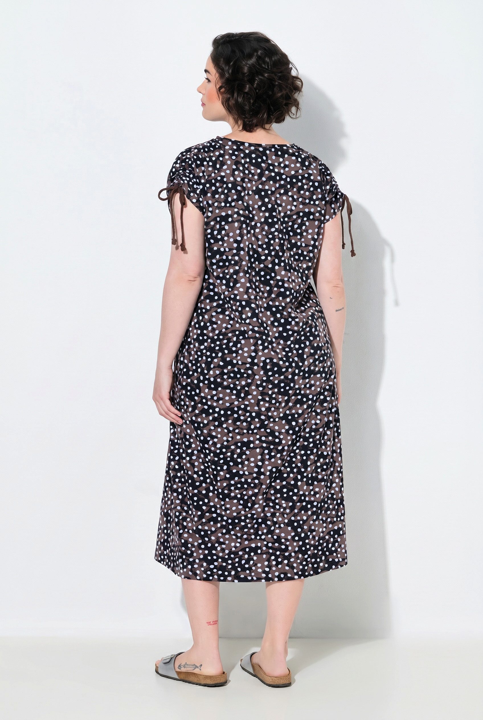 Ulla Popken Jerseykleid Midikleid Punkte V-Ausschnitt Schulter-Raffband