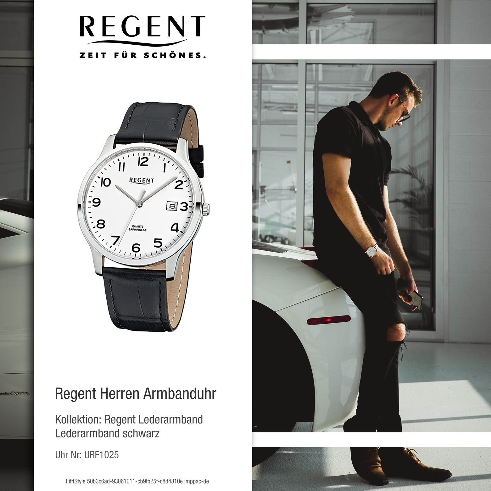 Regent Quarzuhr Regent Herren-Armbanduhr schwarz rund, Herren 39mm), (ca. Armbanduhr Analog, Lederarmband mittel