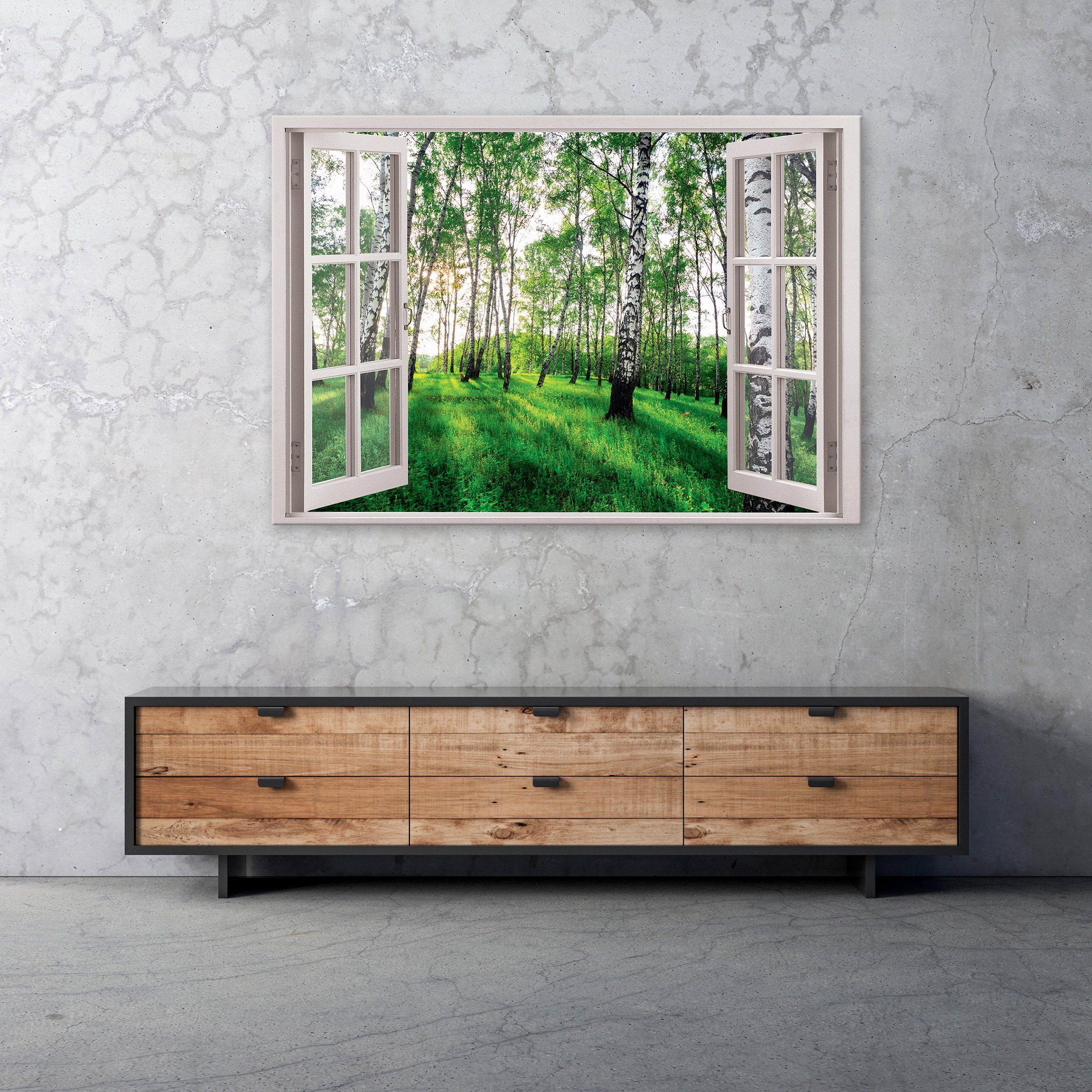 Wallarena Leinwandbild Fensterblick Wald Birkenwald XXL Kunstdruck (Einteilig), Natur Wandbilder Groß Birken Schlafzimmer, für Leinwand Modern Auf Fenster Wohnzimmer Canvas Leinwandbilder Aufhängefertig Bilder Wandbild Bild