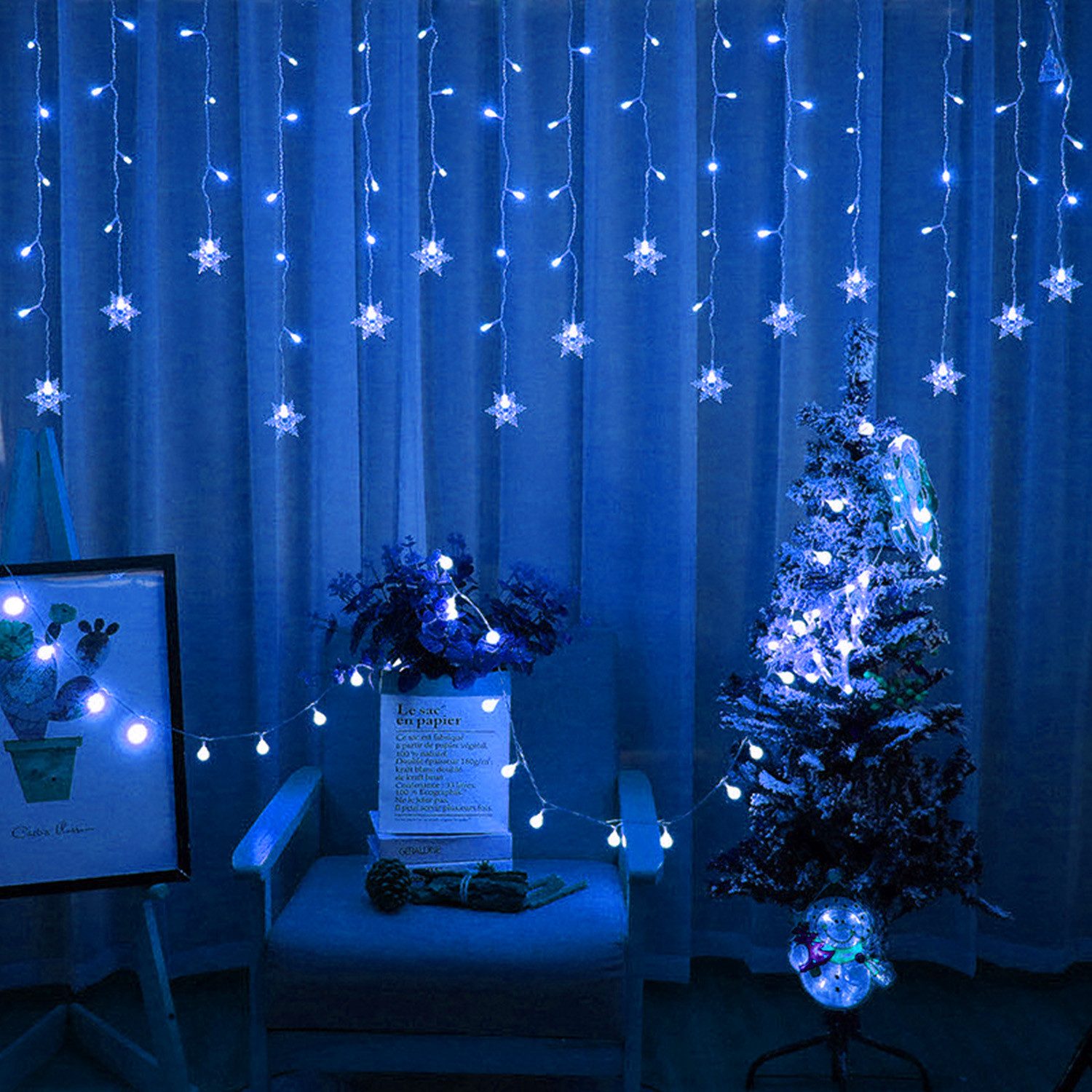 Rosnek LED-Lichtervorhang Schneeflocke Weihnachtsbeleuchtung, 8 Modi, Timer, anschliessbar, Speicherfunktionen; Wohnzimmer Deko