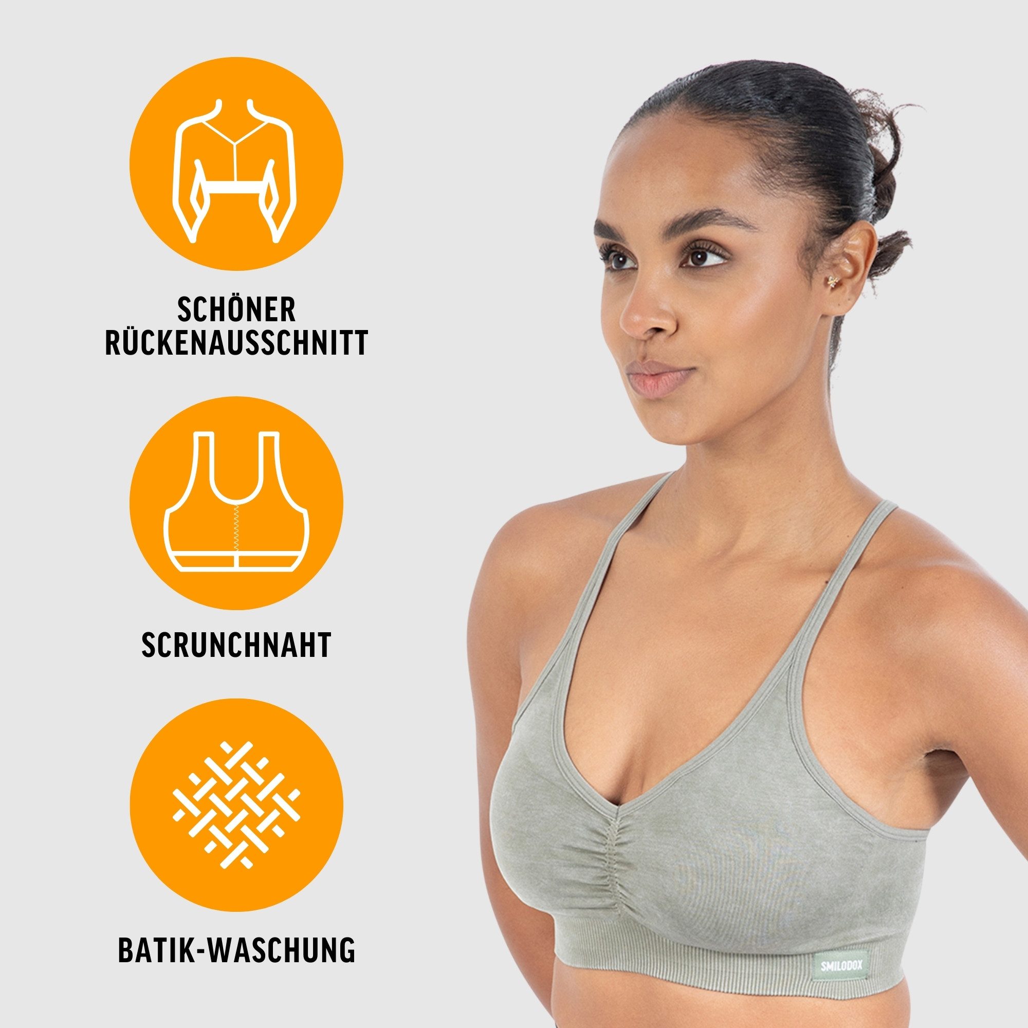 Smilodox Sport-BH Batik Scrunch Icon, Push Up BH ohne Bügel V-Ausschnitt Fitness Shaped Fit Sport Bra Herausnehmbare Cups Verstellbare Träger Yoga Gym