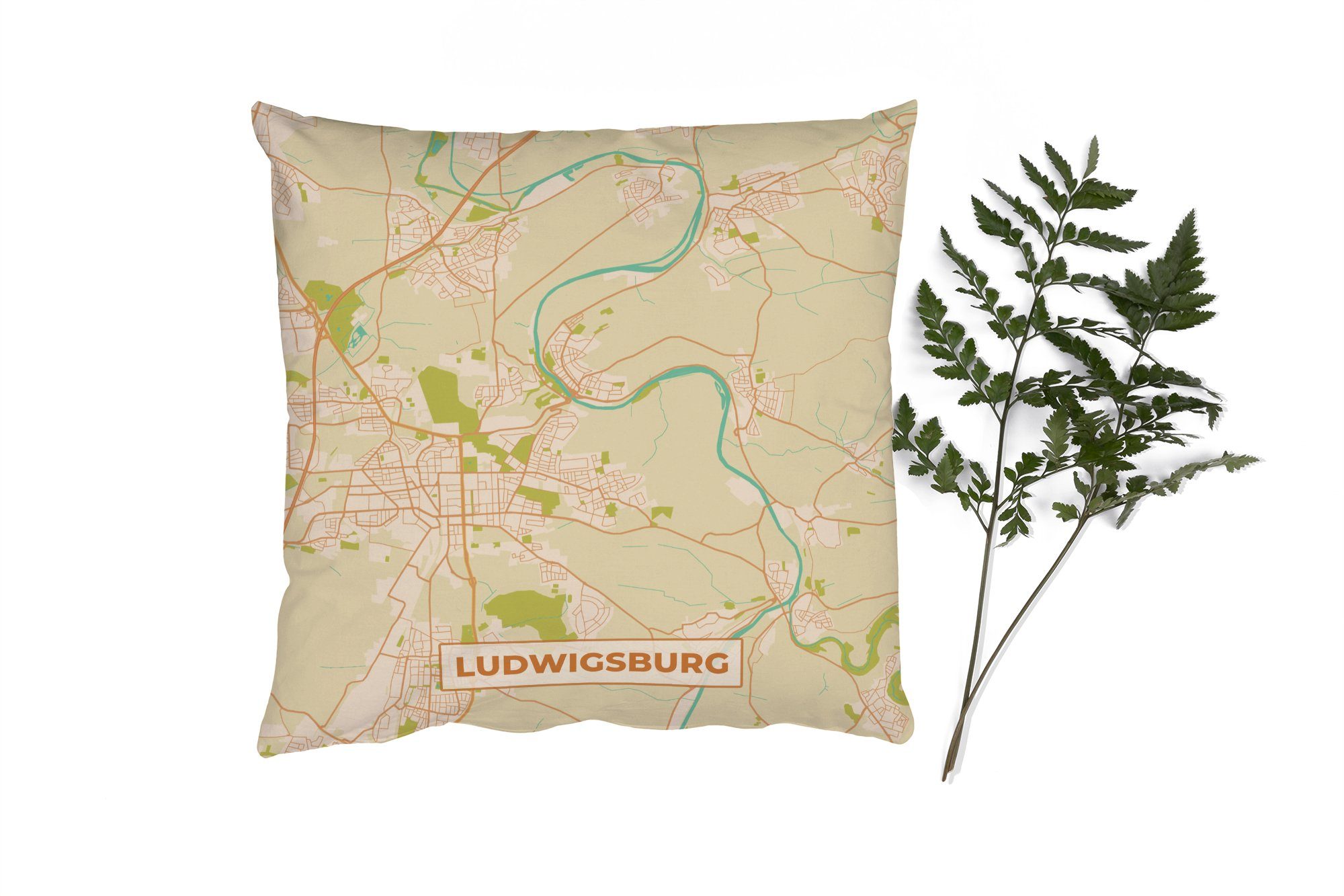 MuchoWow Dekokissen Stadtplan - Ludwigsburg - Stadtplan - Vintage, Zierkissen mit Füllung für Wohzimmer, Schlafzimmer, Deko, Sofakissen