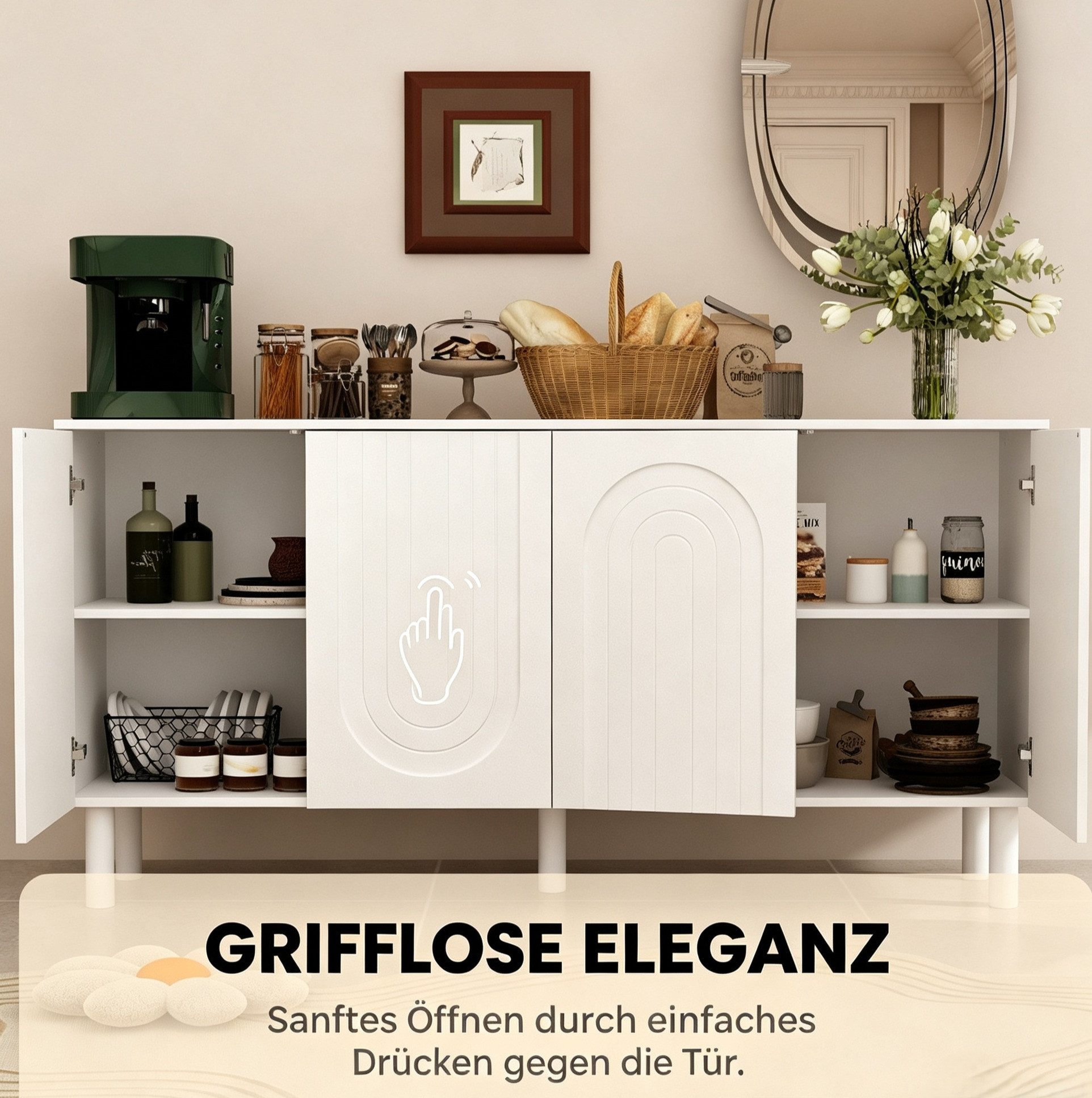 FUFU&GAGA Sideboard Weiß 160 cm breit Skandi Design, 5 Massivholzbeine Stabil – Bild 4 von 5