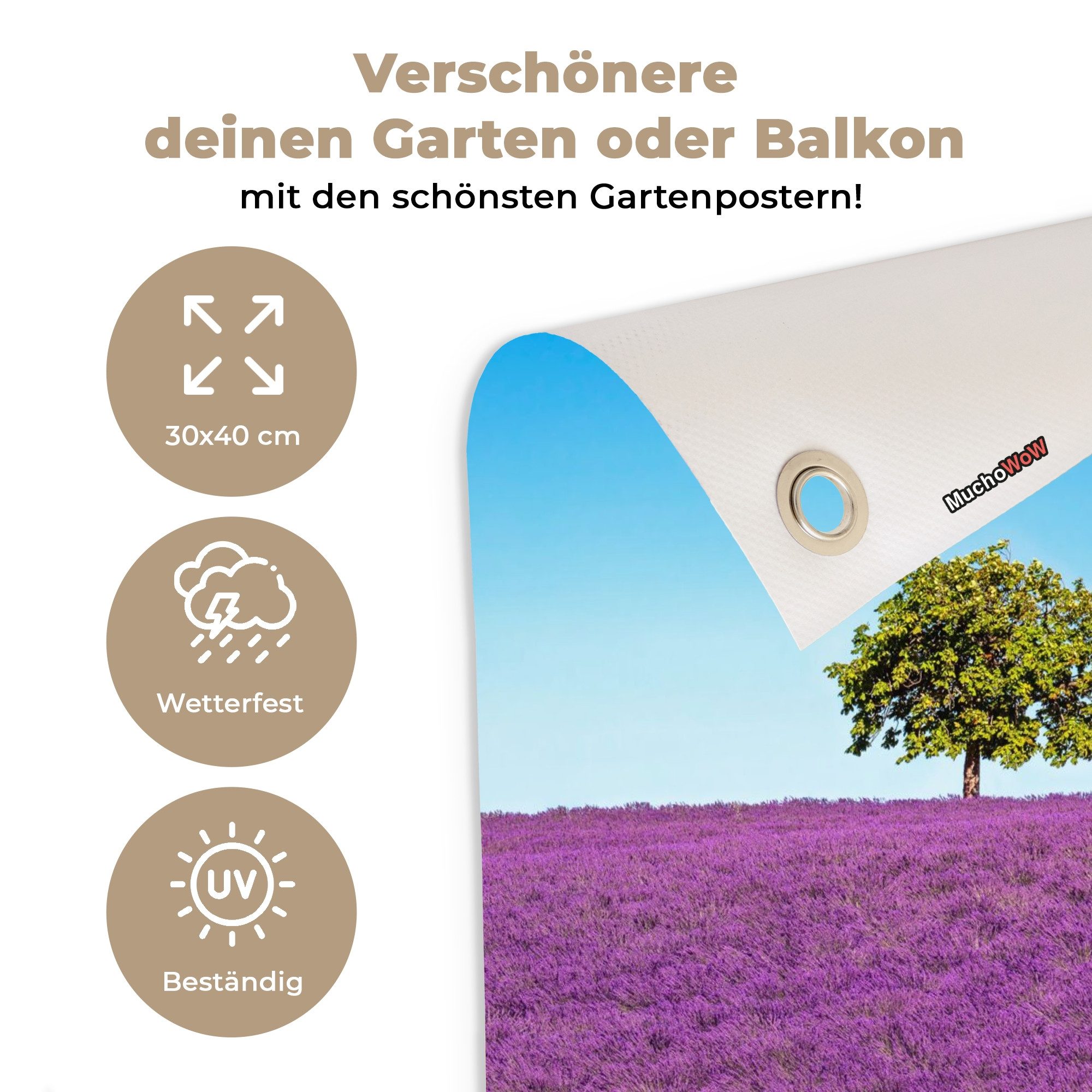 OnlyWow Poster für Garten Baum - Lila - Himmel - Lavendel, Gartenposter, Outdoor Bilder, Gartendeko für draußen, 30x40 cm