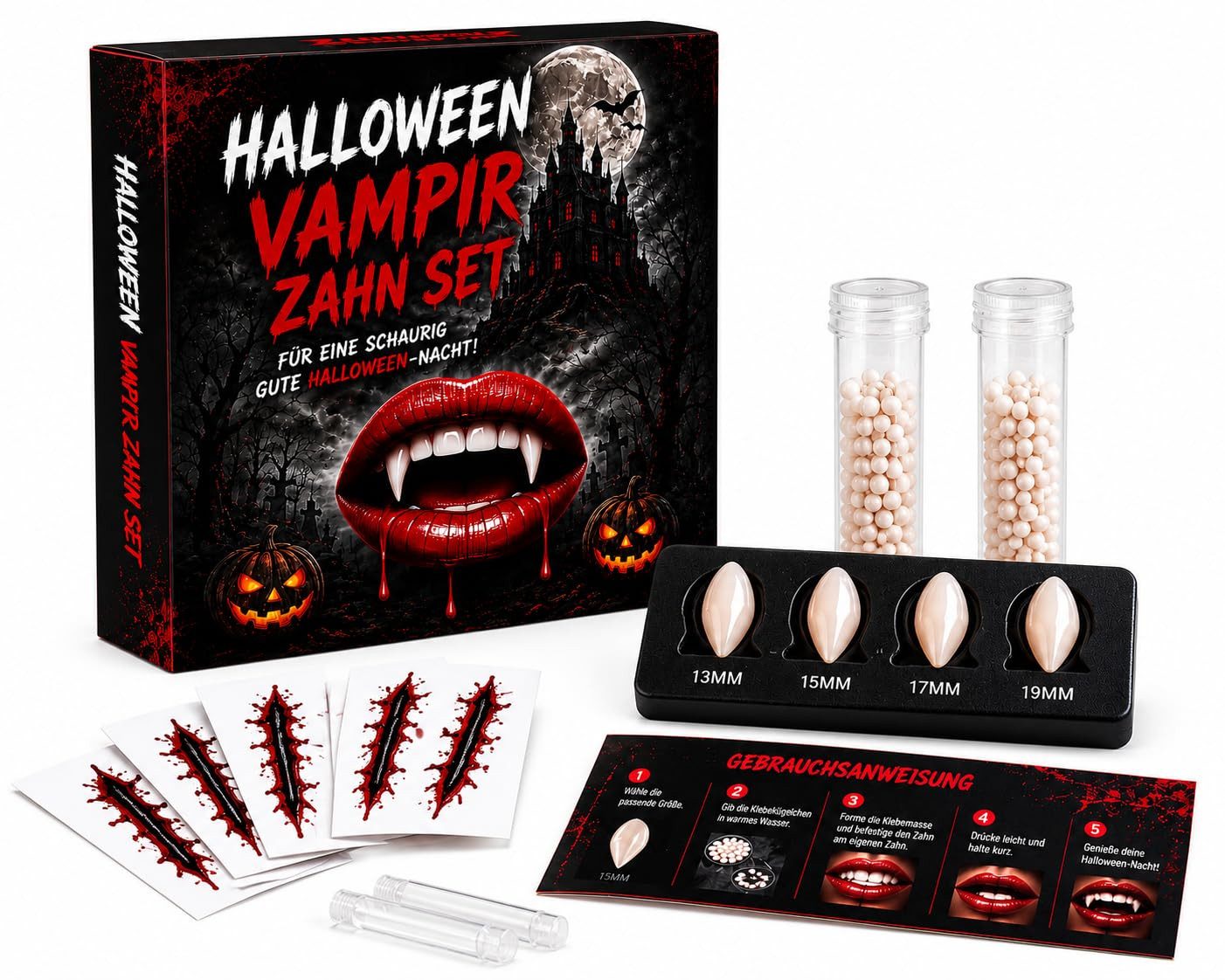 TK Gruppe Vampir-Kostüm Vampirzähne Aufstecken & Aufkleben – Dracula- & Vampirkostüm Halloween
