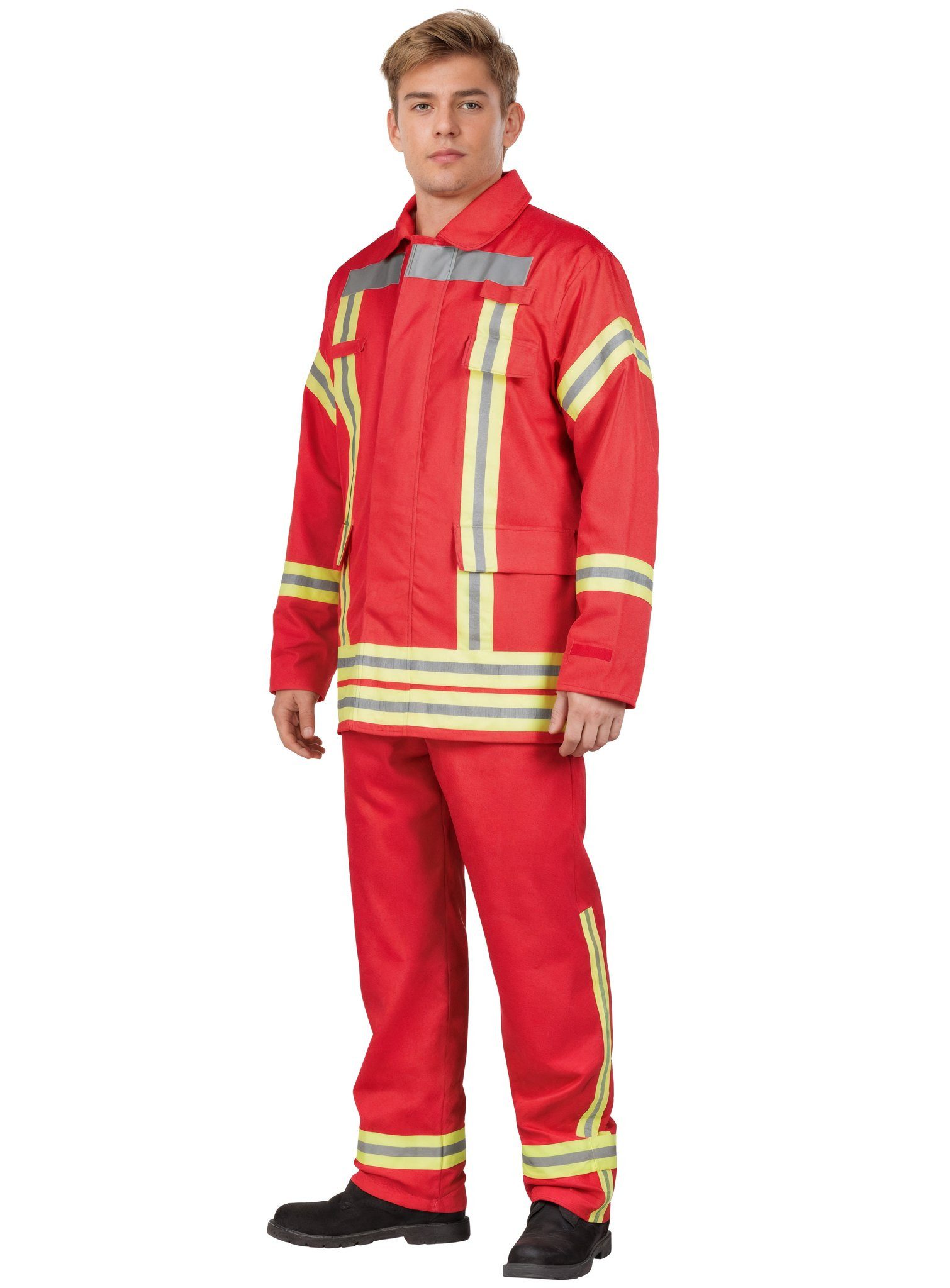 Maskworld Kostüm Feuerwehrmann - Karneval Faschingskostüm Herren, Rote Feuerwehr Uniform mit Aufdruck 'Feierwehr'