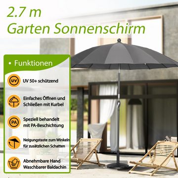 Angel Living Sonnenschirm Marktschirm,Terrassenschirm mit Kurbel und Neigung,Ø 270 cm Rund, mit UV-Schutz 50+ Grau