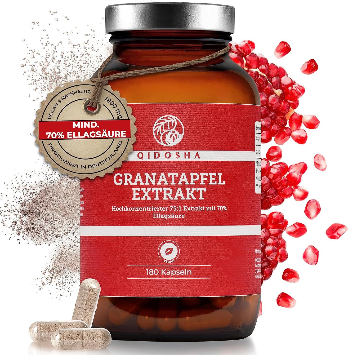 QIDOSHA Granatapfel-Extrakt Kapseln, hochdosiert, 70% Ellagsäure, 180 Stk/Glas, 75:1 Premium-Extrakt mit 1800mg Granatapfel Extrakt je Tagesportion, vegan, deutsche Fertigung à 180 St., 129.6 g, Premium Extrakt - vegan, hergestellt in Deutschland