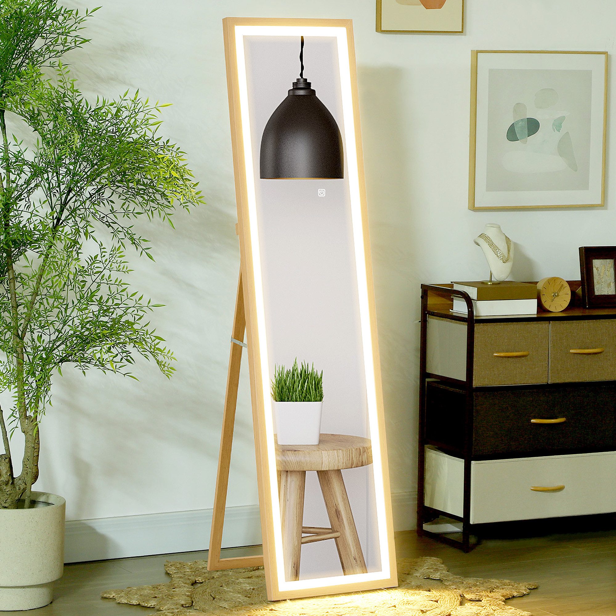 HOMCOM Standspiegel Ganzkörperspiegel 40 x 160 cm mit LED-Lichte, 3 Lichtfarben (Bodenspiegel, 1-St., Wandspiegel mit Touch-Steuerung), für Schlafzimmer, Wohnzimmer, Eiche