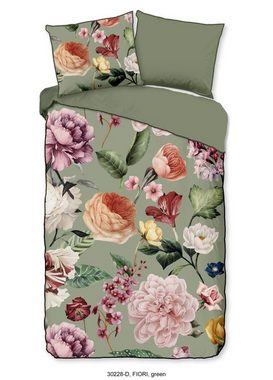 Bettwäsche Mako Satin 2tlg 155 X 220 cm + 1- 80 X 80 cm Fiori Green Bettwäsc, Descanso, Baumolle, 2 teilig, Bettbezug Kopfkissenbezug Set kuschelig weich hochwertig