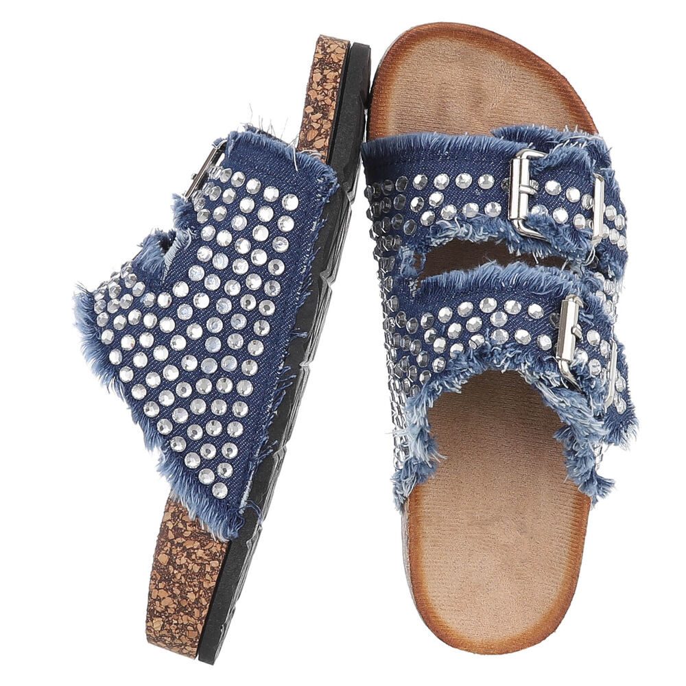 Ital-Design Bequeme Sandalen mit Schnallen und Glitzerdetails für Damen Pantolette (91409543) Flach Pantoletten in Blau