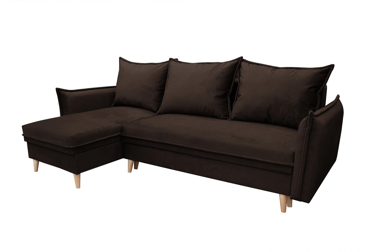 Beautysofa Ecksofa Pillow, Polsterecke skandinavisches mit universelle Bettkasten Velors, Eckcouch mit und Schlaffunktion (kronos im Braun mane,aus Ecke Stil, 06)