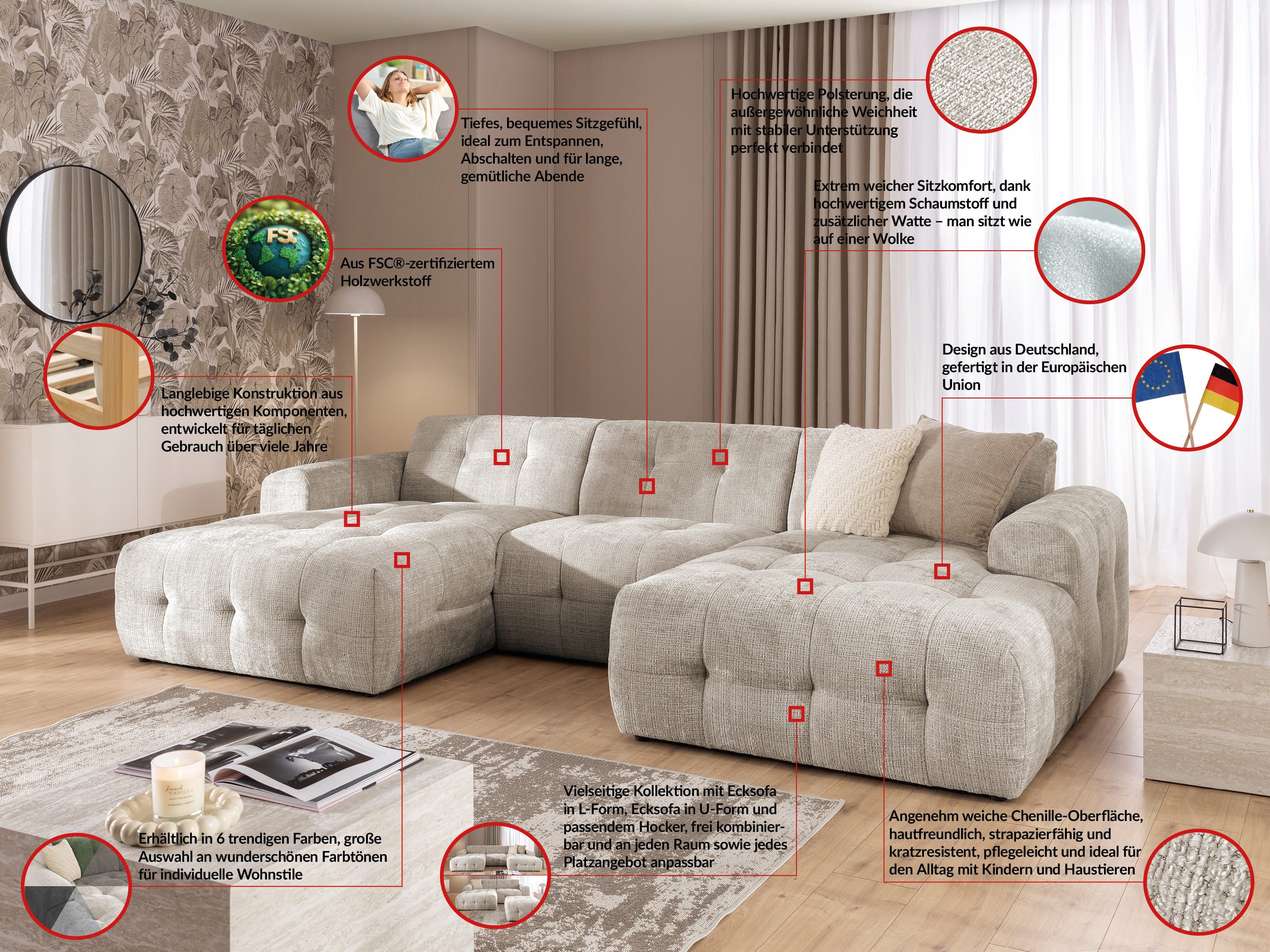 S-Style Möbel Wohnlandschaft und Hocker Kozy Bumpy-Design mit Schlaffunktion & fester Rückenlehne, aus weichem Chenille-Stoff, mit Wellenfederung