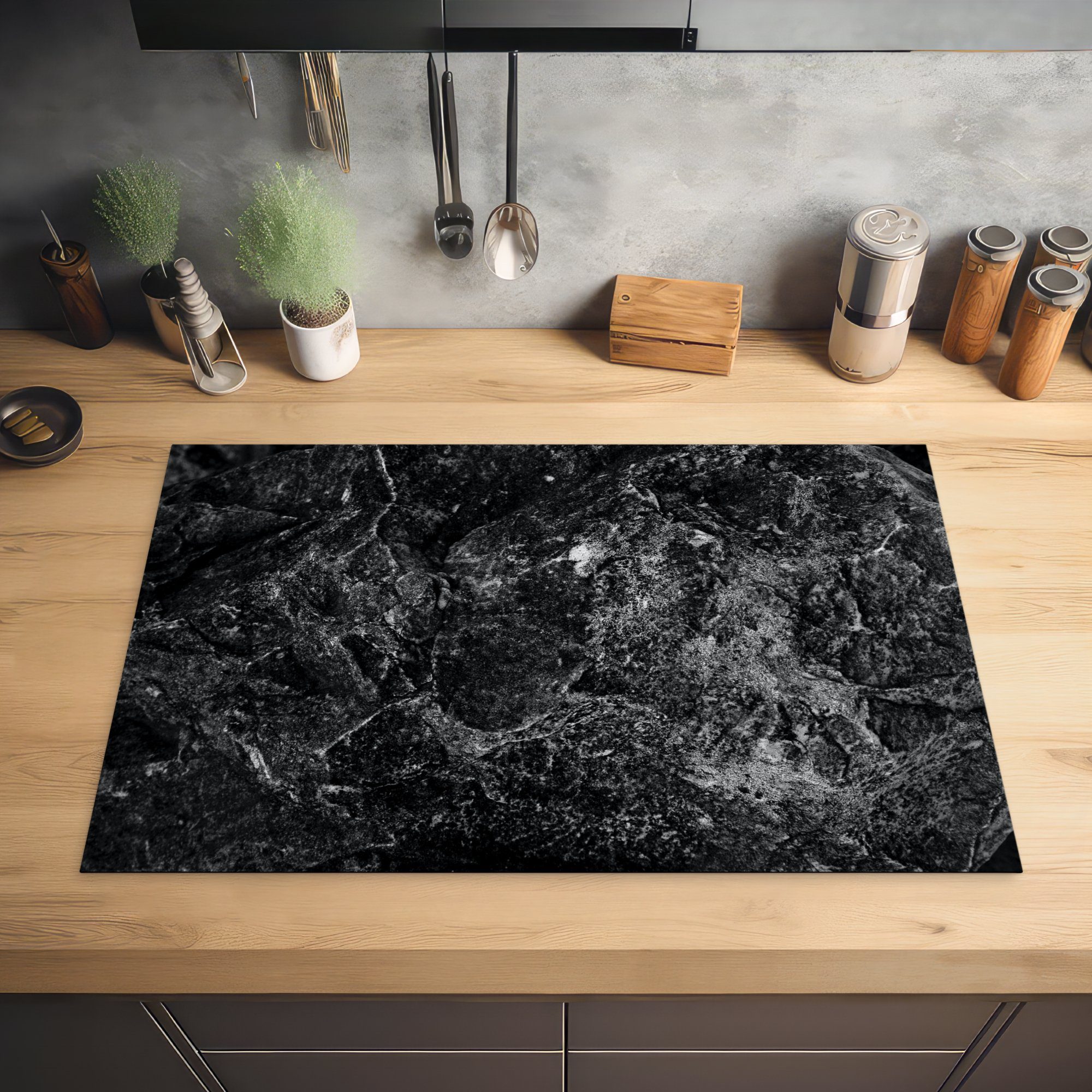 MuchoWow Herdblende-/Abdeckplatte für Granit, - - Ceranfeldabdeckung Stein Vinyl, (1 - die Schwarz tlg), küche, Induktionskochfeld Schutz 81x52 Weiß cm