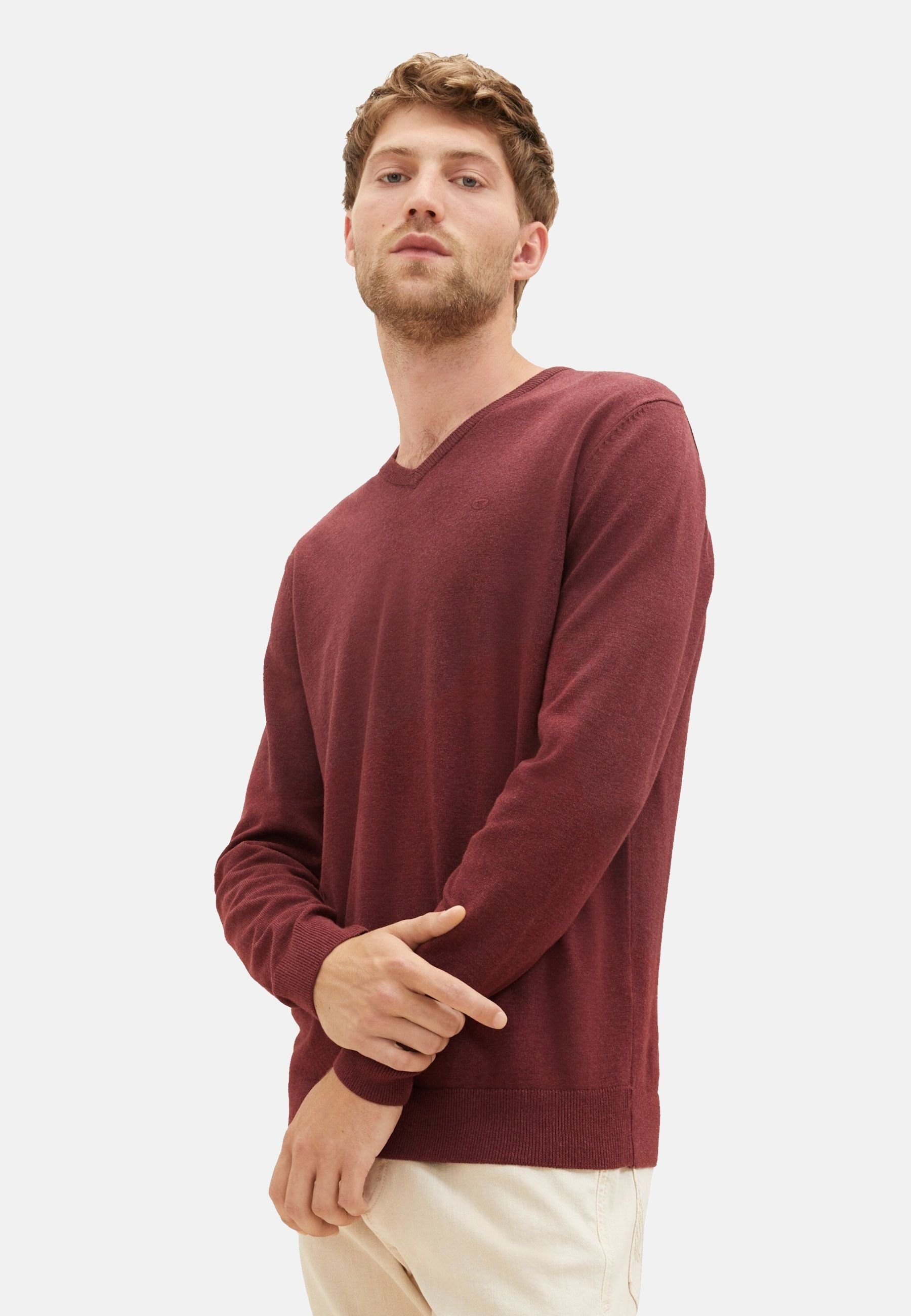 TOM TAILOR dunkelrot Pullover meliert Rippbündchen Sweatshirt mit (1-tlg) Sweatshirt