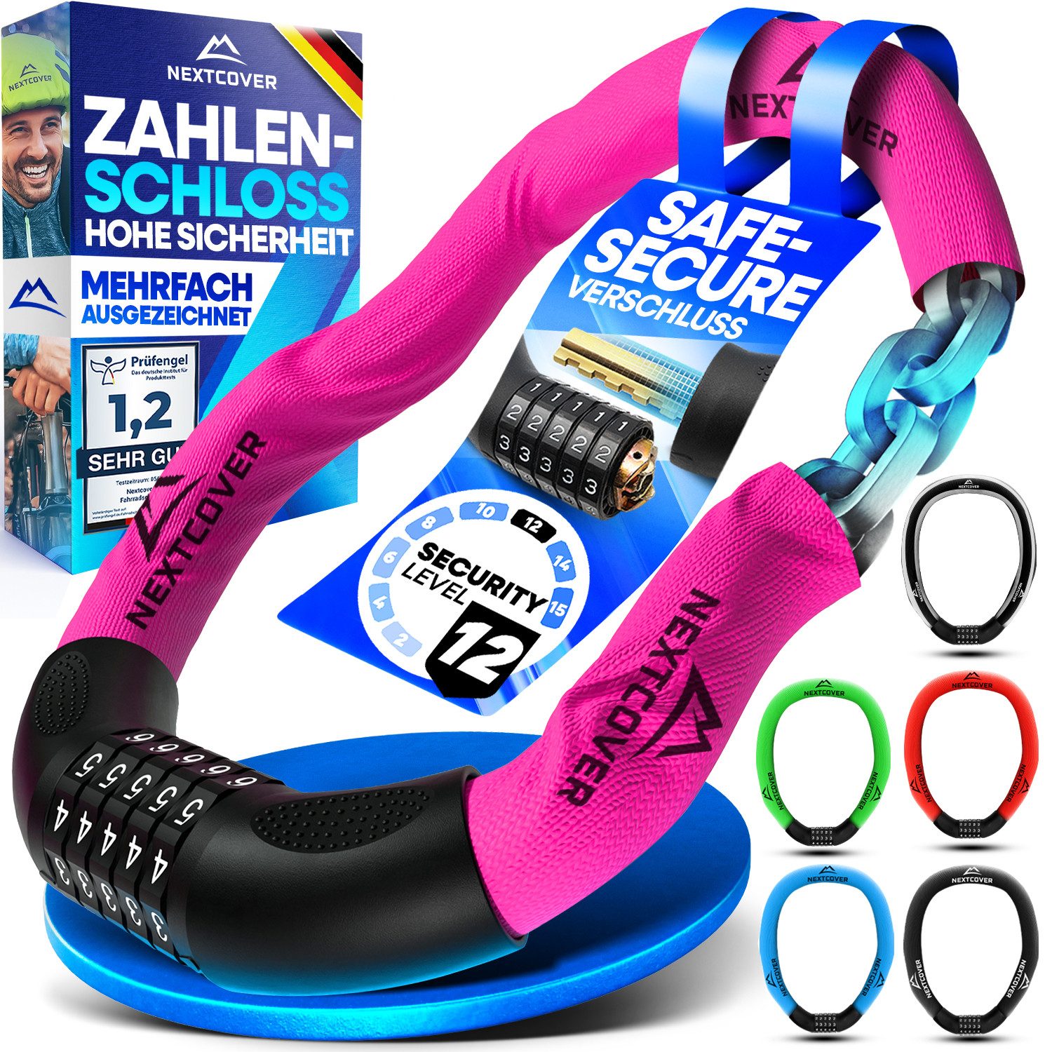 Nextcover Kettenschloss Fahrradschloss mit Zahlencode - Sicherheitsverschluss